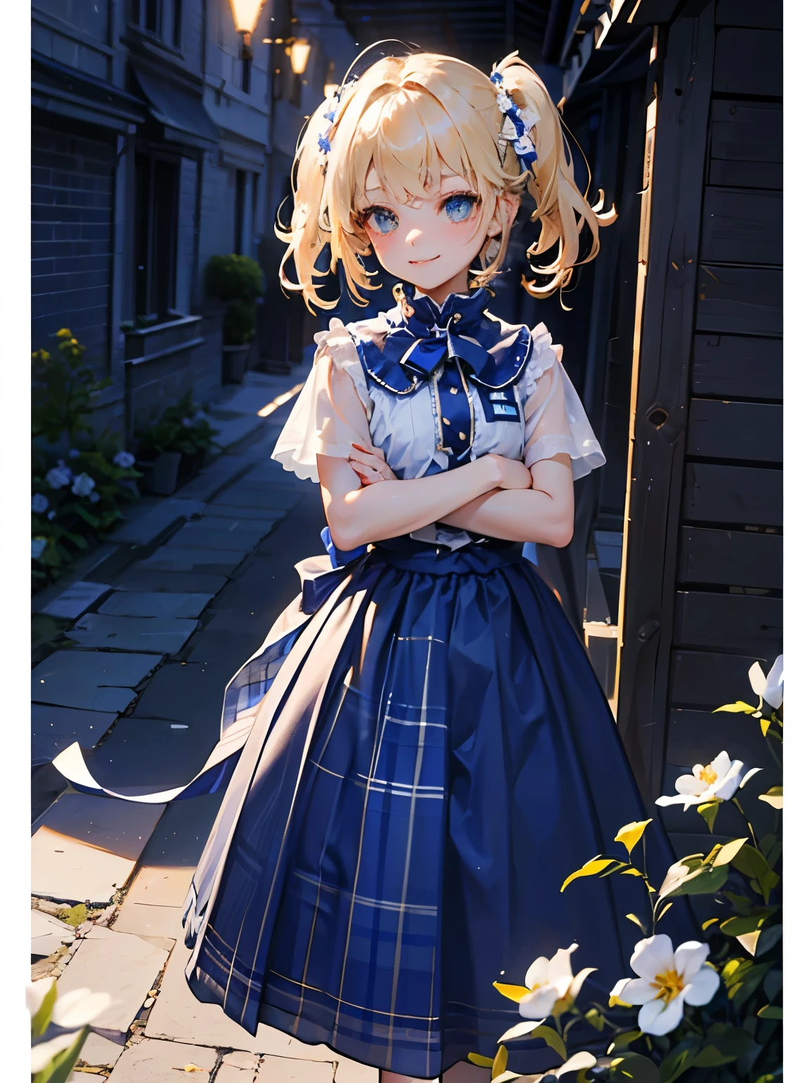 (masterpiece),(Highest quality:1.2),((perfect anatomy)),((cross your arms around your back)),(1 girl),(flat chest),Highest quality,( Royal Blue White Plaid Long Skirt:1.3),( Sheer White Knit Clothes ),(Blonde with Side Tail ),beautiful smile, The Walking Path Is Filled with White Flowers , DESPERATE Visual Impact , like hugging the sky, movie lights,Description Border Depth