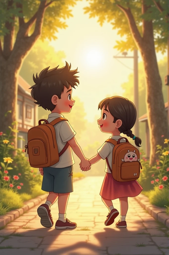 Description: The sun is almost disappearing behind the trees, tinting the sky in shades of orange and pink. Ángel, holding Cielo, looks towards the horizon, aware that it's time to head home. Ángel Told her that they have to go home
Ángel: A 9-year-old small boy human with brown, slightly wavy, and messy hair. He wears glasses that frame his bright blue eyes. He is dressed in casual clothes with scratches and bruises on his arms and legs, showing his adventurous nature.
Cielo: A 4-year-old girl human with short brown hair that reaches just above her ears. She has a small pink flower in her hair. She wears a blue dress with tiny white floral