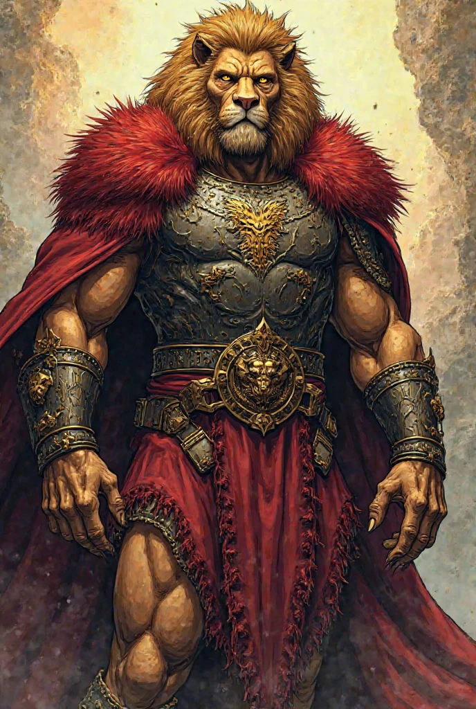 Create an image. Mangastyle full body illustration. No caption just image  Karion, King of Beasts:
A towering massive Muscular 7'5" beast-man with a lion-like visage, Karion exudes raw power and authority. His wild golden hair frames a fierce, Human built, while rich brown fur covers his muscular frame. Amber eyes burn with primal intensity, and his thunderous voice commands respect. He wears a dark steel chestplate adorned with roaring lion motifs and storm etchings, a deep crimson fur-lined cape, and claw-edged gauntlets.  Boastful yet undeniably commanding, Karion embodies the untamed spirit of the wild. Kael's Father