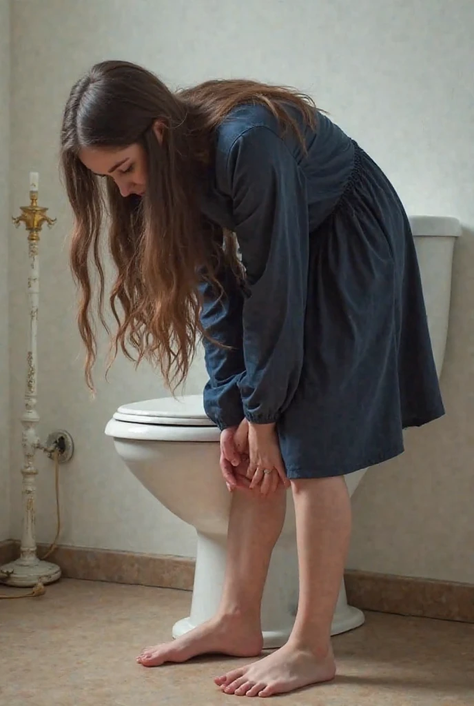 Create a photo of a 30 year old young woman, with a slender and beautiful body, completely naked, with white and clear skin, with long light brown hair, wearing hoop earrings, terrified lying on the floor with her back to the camera as she is dragged and attacked by three elderly black women in their 90s, obese dark black skinned, ugly, low, who has short hair, who wear glasses and a blue dress