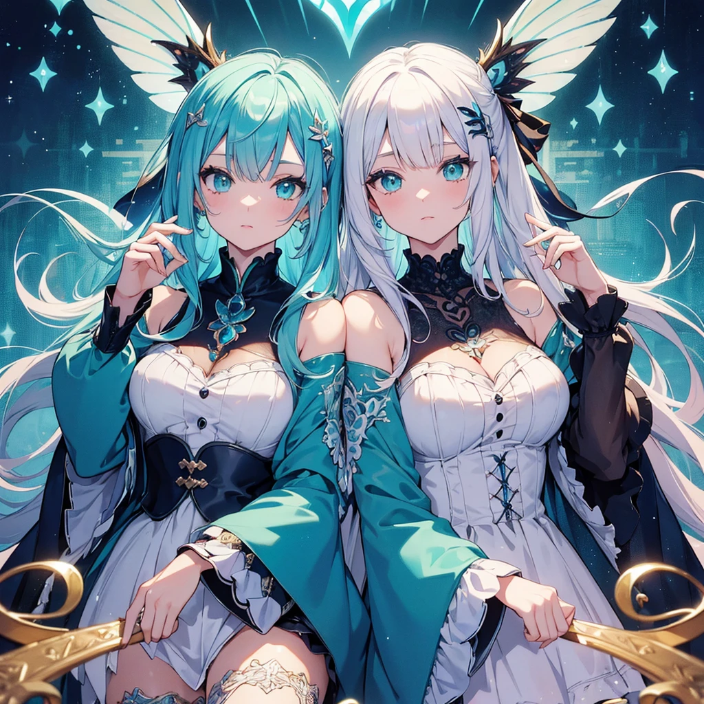 ((masterpiece, best quality)), Delicate face,Snake Woman,Full body painting,Perfect body proportions,Long legs,((Long wavy hair)), ((Half of her hair is white,The other half is cyan,Available in two colors)),beautiful eyes,Fantasy style,White background,transparent,Sexy bikini,Lace,Garter