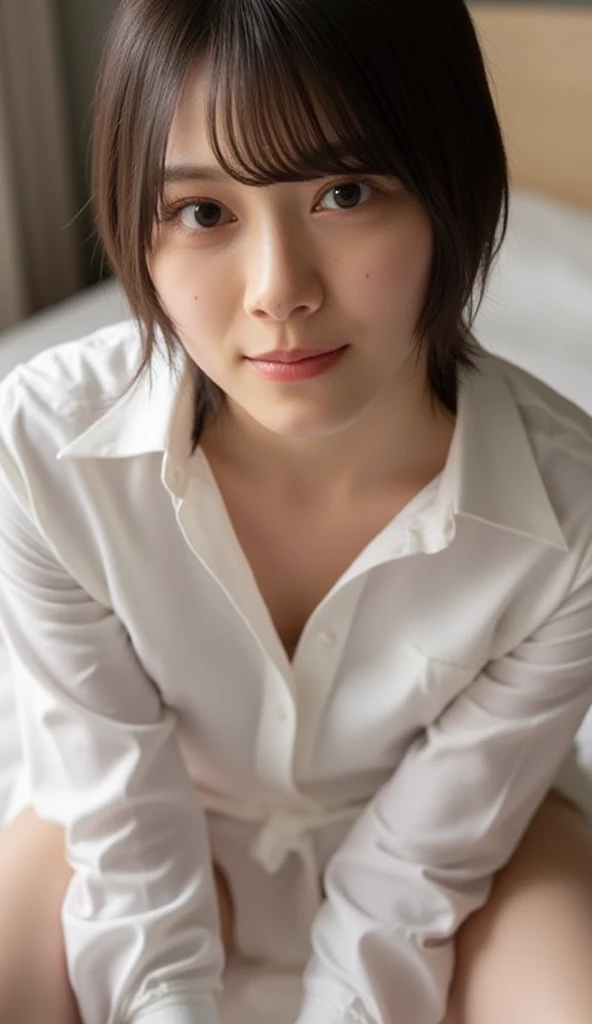 (Realistic、Like a photograph、Live Action、8K, Realistic, RAW Photos, Best image quality: 1.4), Single-lens reflex camera、RAW Photos, Highest quality, Realistic, 非常に詳細な CG Unity 8K 壁紙, Written boundary depth, Cinematic Light, Lens flare, Ray Tracing, Realistic background、Highest quality、8K.Bedroom、Young and beautiful girl、Show me your forehead、Show your forehead、Top view、Very large breasts、Very detailed and intricately designed underwear、Selfie、Selfie