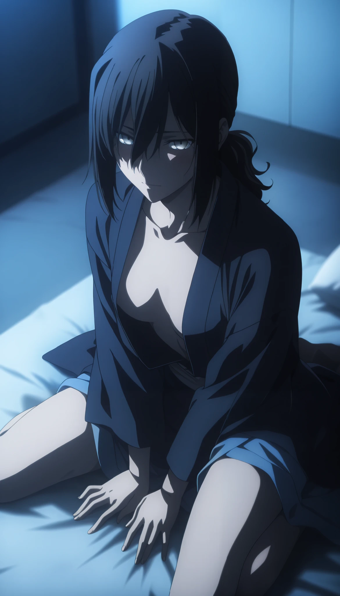masterpiece, best quality, amazing quality, highres, absurdres, very aesthetic, high resolution, ultra detailed, perfect details, midnight, , upper body, indoors, ufotable style, ((blue hour)), (from above),
1girl, solo, ufotable style, anime style, (anime coloring:1.5), (anime screencap:1.2) ,(aged up:1.4),
girl, mature, slim body, slender body, ,Fate Grand Order, fate, Fate Grand Order, medium hair, (straight hair, low ponytail), light gray eyes, black hair, on bed, (dark blue haori, blue kimono), , ((small breast)), looking at viewer, ((wariza, arms between legs)) , expressionless, embarrassed, blush, light smile,