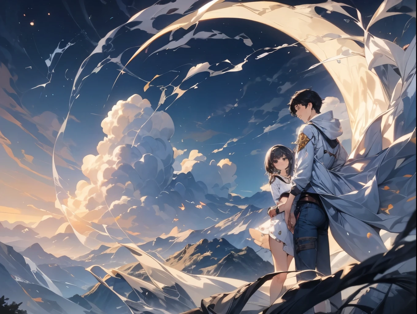 at Very beautiful midday, (very beautiful moon\(realistic,large,shining brightly\)). BREAK . (solo:1.2),(1couple\(1boy and 1girl\):1.3). BREAK . 1girl\(fine dark hair,short hair, (Haruna), (soft kind smile), silky turtleneck dress with beautiful embroidery\). BREAK . 1boy\(dark hair,Asuka ,adult,white hoodie, blue jean jacket ,black fingerless driver's gloves, tattered jean pants\). BREAK . quality\(masterpiece, best quality, very aesthetic, high resolution, ultra-detailed, absurdres, newest, scenery, depth of field, high score, great score, fairytale, dreamlike\),(beautiful face)