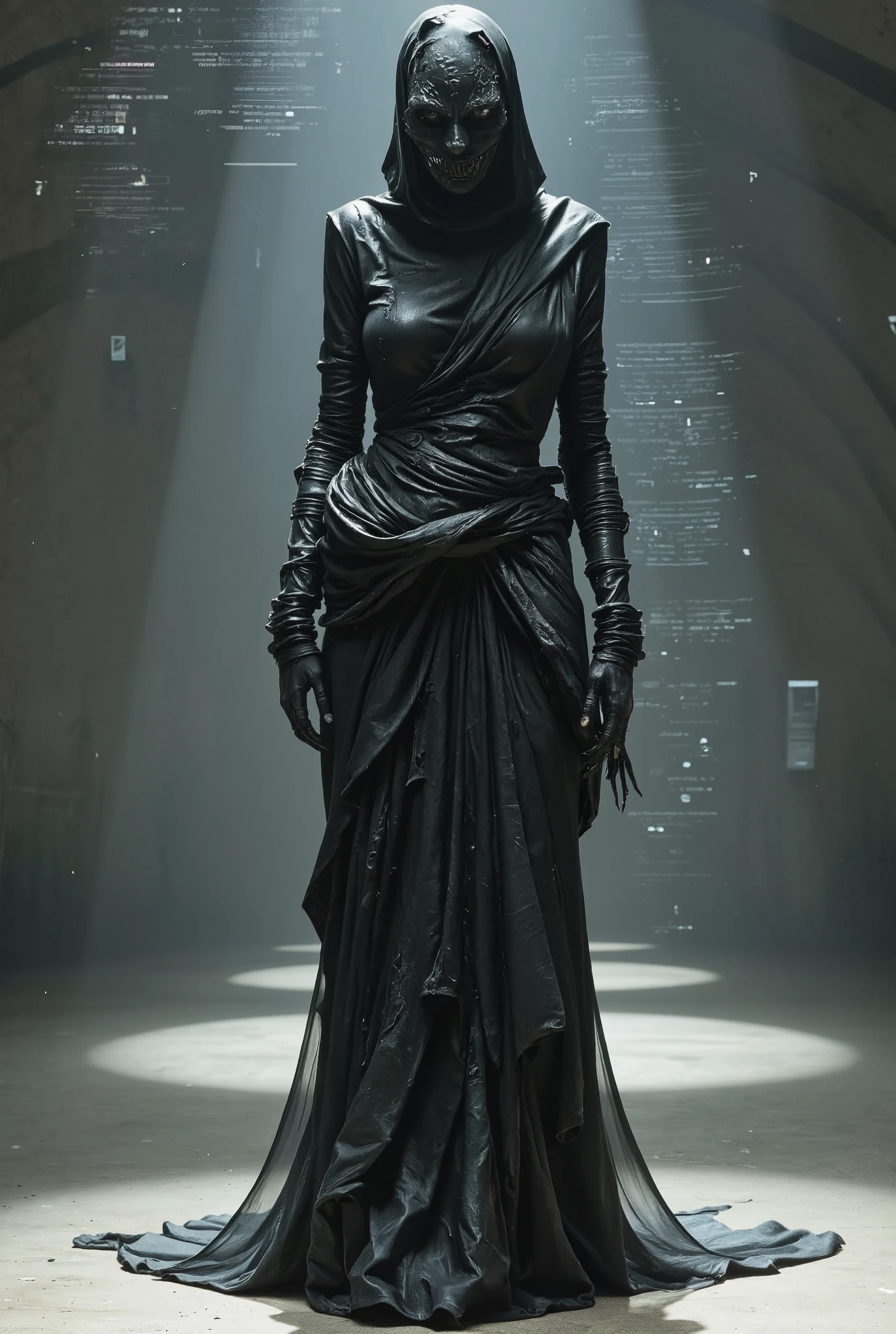 A haunting, high-fashion model in a Rick Owens-inspired dystopian outfit, blending brutalist, asymmetric drapery with distressed leather and grotesque, organic textures. The silhouette is elongated and skeletal, with exaggerated, twisted proportions. The model’s face is obscured by a black deformed mask, evil looking, as if melting or glitching between realities. Their posture is tense, almost contorted, evoking discomfort and unease. The setting is a void, bathed in flickering, unnatural lighting—harsh shadows stretching in unnatural directions. The image is distorted with surreal, dreamlike artifacts: floating symbols, warped reflections, and an atmosphere thick with digital noise, amplifying the Weirdcore horror aesthetic