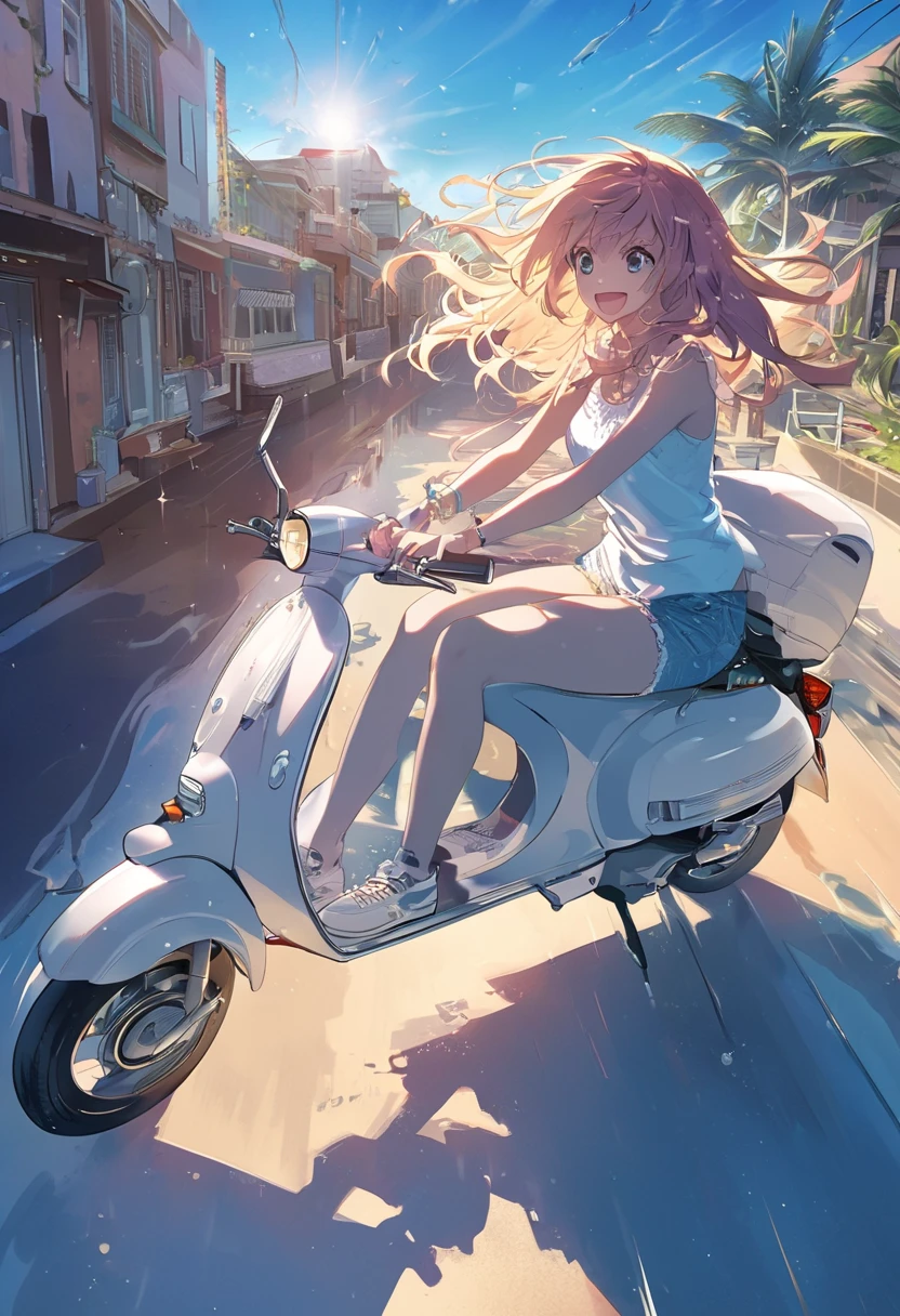 Anime girl riding scooter on city street at night, beautiful digital artwork, anime style 4K, Rostlan style, anime art wallpaper 8K, stunning digital illustration, anime art wallpaper 4K, anime art wallpaper 4K, in the style of Rostran , anime wallpaper 4K, anime wallpaper 4K, beautiful artwork illustration, Yoshihiko Wada, flame, smoke, light