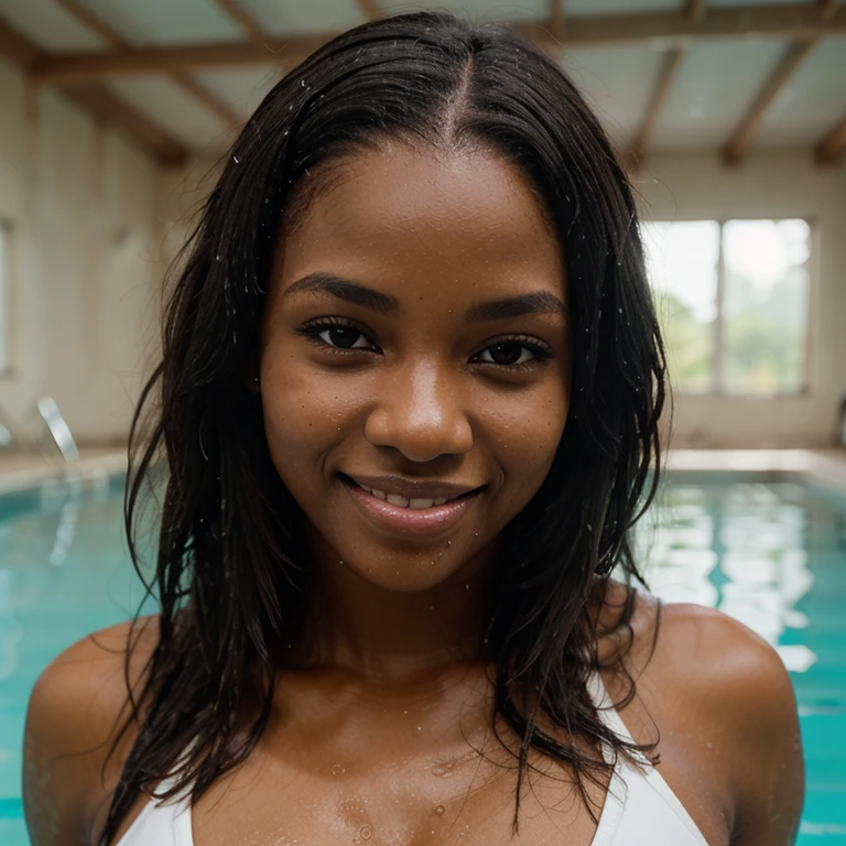 ((photo of a sexy 19 year old black girl)), , (((light nipples))), (((white nipples))), sexy and naughty face, braided hairstyle, pool day, (((small tits))), ((( wet hair))), smiling, full body photo
