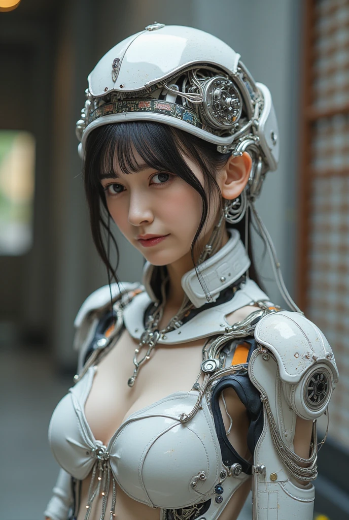 1girl, ulzzang-6500-v0.7, (raw photo: 1.2), (((photorealistic: 1.4)) top quality masterpiece, illustration, very delicate and beautiful, highly detailed CG, unity, 8k wallpaper, amazing, fine details, masterpiece, official art, highly detailed CG Unity 8k wallpaper, absurd, incredibly absurd, cute, top quality, masterpiece, Ultra High Resolution, (Photorealistic: 1.4), Raw Photo, Futuristic Town Perspective, Futuristic Skyscrapers, 12 Years Old Girl Standing On a Futuristic Street Corner, Black Hair, Glossy Skin, 1 Mechanical Girl, (((Ultra Realistic Details)), Portrait, Global Illumination, Shadows, Octane Rendering, 8K, Ultra Sharp, Big, cleavage exposed raw skin, metal, intricate ornamental details, headsets, hydraulic cylinders, very intricate details, realistic light, CGSoation trends, purple eyes, glowing eyes, facing the camera, neon details, mechanical limbs, blood vessels connected to tubes, mechanical vertebrae attached to the back, mechanical cervical attachment to the neck, wires and cables connecting to the head, Evangelion, steampunk, small LED lamps,