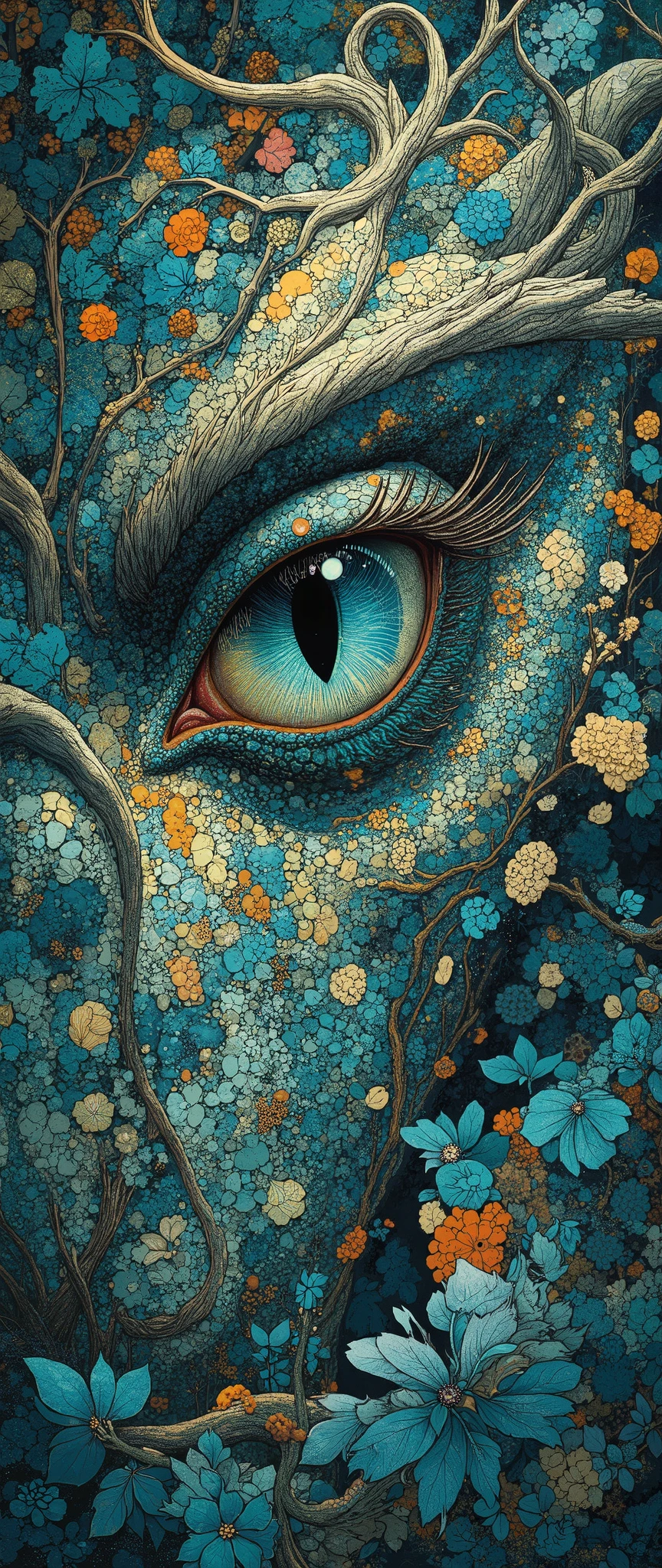 The eye of a dragon looking out of a dense thicket. Stylization. Intricate details, bright colors, surreal art, fantasy, digital painting, high detail, spectacular lighting, Art Nouveau elements, ornaments, leaves, blue and gold accents, mysterious, elegant style of Ingerian art.