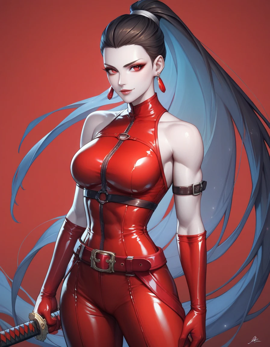 A muscular 35-year-old Russian warrior woman almost naked in the Simon Bisley style for the cover of Heavy Metal magazine, bare thighs, garter belt, super short blonde hair, Minimum clothing, red carbon fiber clothing in chevron pattern, ((((red clothing))), (((short-cut))), ((Annie Lennox)), (((mature woman))), full body