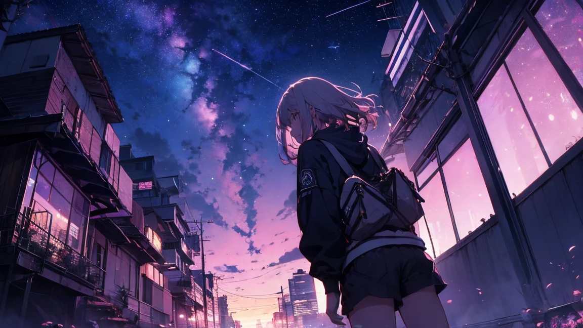 hyper detailed, best quality, absurdres, skyscraper, alley, a girl, on the street, with a starry sky, at dawn, synthwave, concept art, wide shot, extreme long shot, from below, panoramic composition, lens flare, bloom, hoodie, shorts