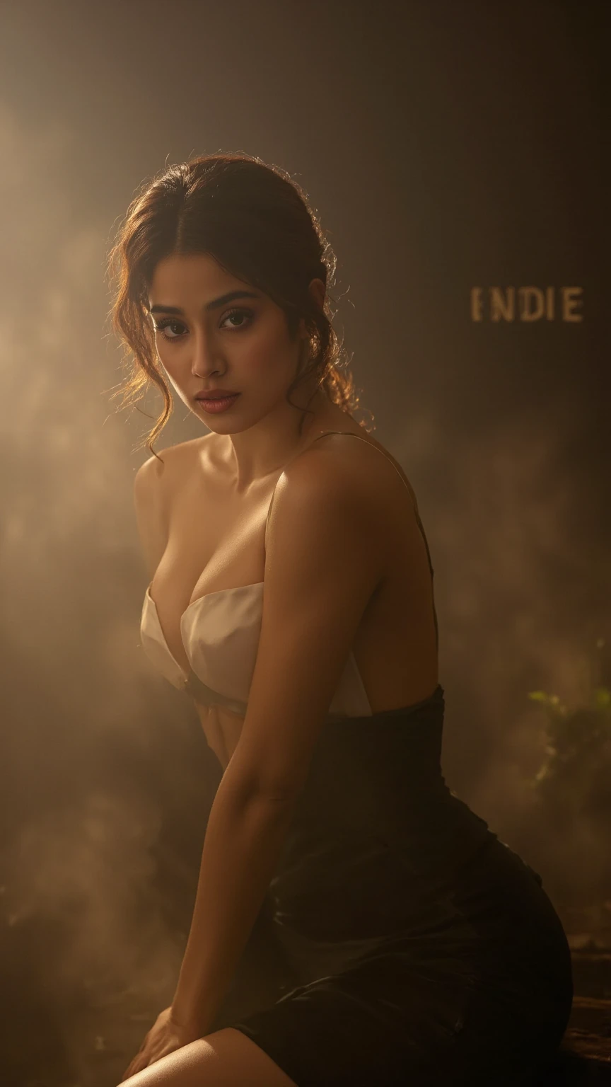 ultra-detailed, cinematic lighting, 1girl, busty, sitting in a dark foggy room, thick mist swirling around her, golden light flaring from behind, illuminating her silhouette, wearing a deep-cut satin dress, upper half body, subtle glow on her skin, dramatic shadows, floating dust particles sparkling in the air, mysterious atmosphere, "AI INDIE" subtly glowing in the background mist, UHD, 4K