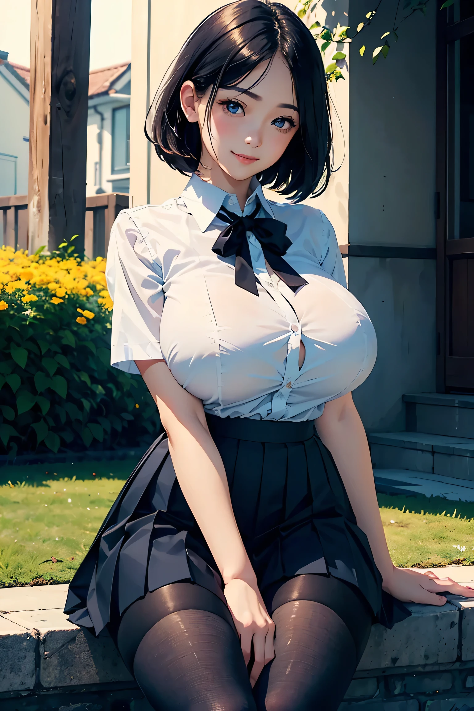 ((beautiful deep blue anime eyes with fine detail)), realistic skin, (intricate details), best lighting, depth field, ((ultra high resolution, high res)), {highres}, {{very fine 8KCG wallpapers}}, {{very precise detailed}}, ((((masterpiece)))),(1girl),(huge bureast:1.5), (cute:1.2),very beautiful  girl,(black hair),(short haired),(bangs),perfect skin,shiny skin,pure white skin,fine skin,((perfect anatomy,nice hands,perfect hands,five fingers connected to the palm,Accurate nails with no discomfort)),perfect bare legs,delicate legs,perfect proportions,Sexy,nsfw,((nipples)),((japanese uniform)),((uniform mini skirt)),(tie),black socks, (Pull up your own shirt),showing nipples, nsfw, (spread pussy:1.3), uterus, (pussy wet with sperm:1.3), crotch grab, Blushing and shy expression