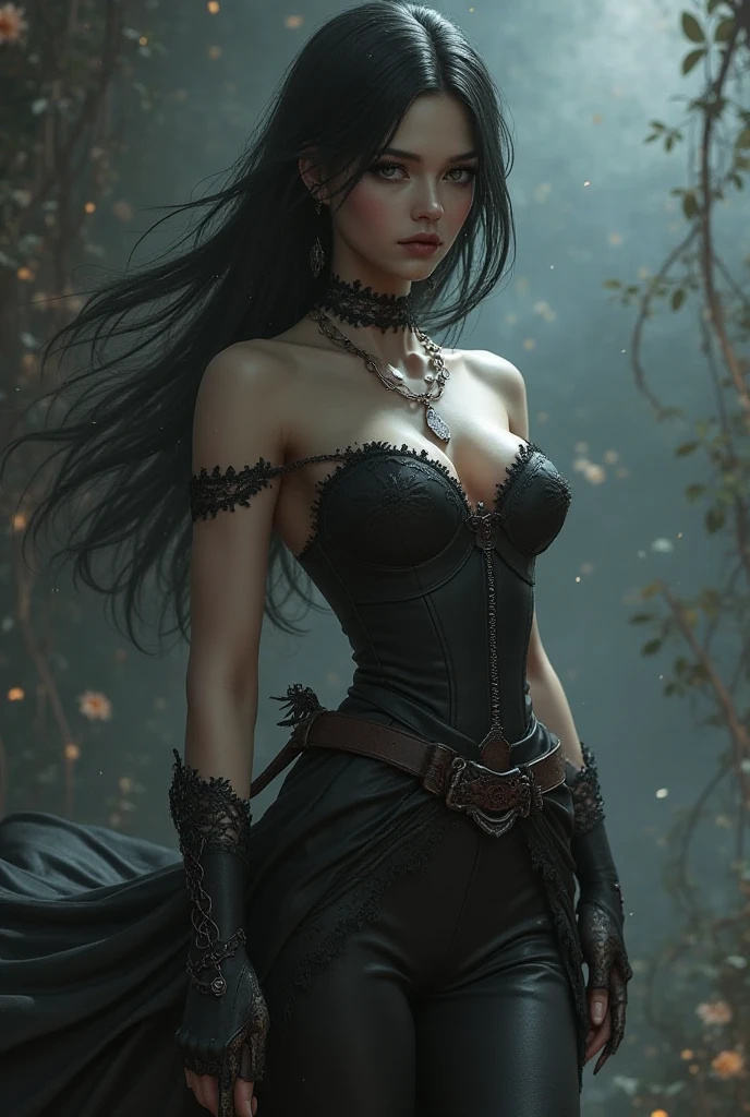 ((20-year-old))), girl, (((light skin))), (((full body pose))), (((long curly black hair))), (((wearing tight chainmail micromini skirt, chainmail bra, open front cloak))), (((seamless, black, pantyhose))), standing in the dark woods at night, moonlight shining through the dense canopy, dark castle in the background, dark fantasy, Rich, Deep Colours, (intricate details:0.9), (HDR, hyper-detailing:1.2), (natural skin textures, hyper realisitc, glistening skin, soft light, Sharp),