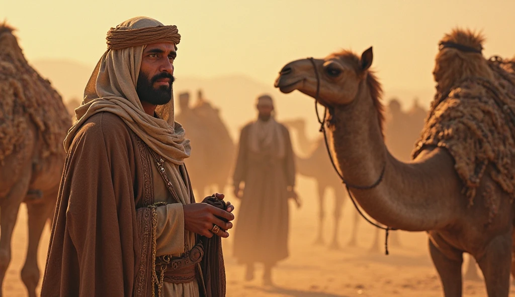 the biblical character Job looking at the A stunning, cinematic portrait of the biblical character Job, standing tall in a position of prominence, wealth, and superiority. He is dressed in vibrant, ancient garments and adorned with gold jewelry. The background shows a breathtaking view of ancient Palestine in 1500 BC with rolling hills, a serene river, and a bustling cityscape. Wildlife in the form of camels, goats, and birds is scattered throughout the landscape, adding a sense of life and authenticity to the scene. The overall atmosphere is one of grandeur and triumph, showcasing the prosperity and power of Job in this period., wildlife photography, portrait photography, photo, cinematic in tears with his arms open in deep sadness