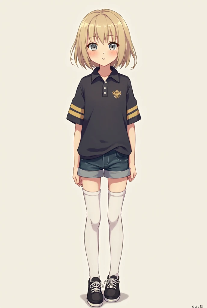 girl, short beige hair directed to the left with a messy fringe directed to the left. indifferent expression . of tanned skin. silver eyes. standing in front. Simple anime style . Wear a dark-colored polo sweater with vertical stripes in soft gold with short sleeves, dark blue jean shorts. Dark shoes and white details with thigh-length white tights. full body image. Maximum quality.Looking at the viewer,