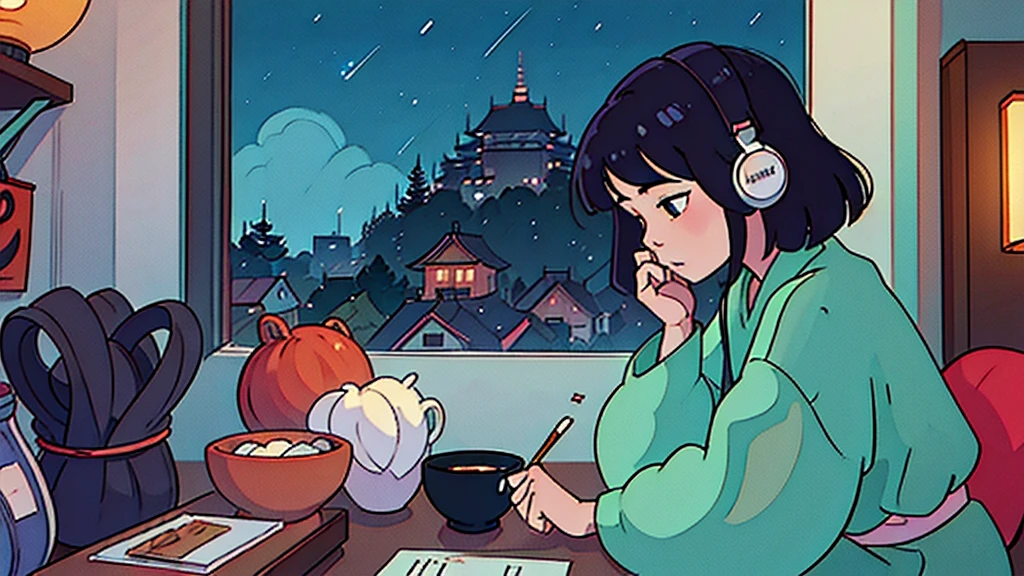 Create a scene of a 25-year-old woman looking out the window, Listening to music on headphones, In a quiet and relaxing environment, Short black hair, View from behind, Gazing at the horizon, At night, and through the window you can see fireflies and a beautiful landscape full of stars At night, Characters with lots of detail on their faces, hands and hair,Illustration Style、Showa anime、ukiyo-e、((girl))、Tokyo、Soft Touch、((Modern))、winter、High resolution, samba, latina,Rainy night,Tokyo, 8k quality, gitl che studia