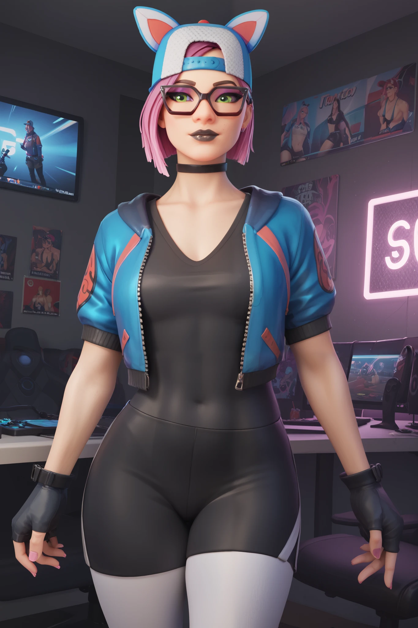girl (Masterpiece),choker ,black lips,cap,fingerless gloves,evening (alone )loose V-neck gray T-shirt,blue jacket (black shorts with white leggings)tight lycra shorts, gaming,gamer room, with neon light ,beautiful green eyes, short pink hair, glasses
INFO