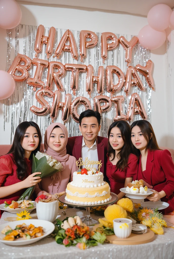 display HAPPY BIRTHDAY SHOPIA in celebration of relaunch
 YEAR .  Five women sat in front of the table, wearing a blushing red dress and wearing a diamond crown by wearing a red coloured hijab and one smiling man wearing a red suit a white daffodil shirt with black Dior shoes.with The expression on her face is cheerful and joyful.   in his hand , She held a unique bouquet of flowers, instead of ordinary flowers, but instead a bouquet of Indonesian rupiah banknotes neatly arranged and decorated with small white flowers.  The bouquet is wrapped in elegant black paper.
 On the table in front of her , There were two main dishes of the celebration.  Yang the first is a medium-sized birthday cake, with a layer of white cream and a decoration of small red fruits on it.  On the surface of the cake, tertulis  HAPPY BIRTHDAY SHOPIA" with sparkling gold numbers, and underneath is the handwriting SHOPIA" with simple but elegant calligraphy.  Next to the cake, there is a rice casserole that is served completely and magnificently.  The cone-shaped yellow rice is surrounded by a variety of neat and colorful side dishes, including fried noodles, fried chicken, poached egg,  chili , and assorted vegetables.  All the side dishes are arranged on a banana leaf shaped in such a way, adds a traditional and aesthetic impression to the dish.  The serving of rice stupeng looks very neat and shows attention to detail.
 The background of the picture is decorated with rose gold foil letter balloons that form the writing "HAPPY BIRTHDAY SHOPIA ".  The balloons look new and shiny, adds a luxurious and festive touch to the festive atmosphere.  There are also several small light pink balloons scattered around the balloon of the letter, adding a soft and harmonious touch of color.  The atmosphere of the room seemed bright and clean, with good lighting so that the details in the picture are clearly visible.
 
