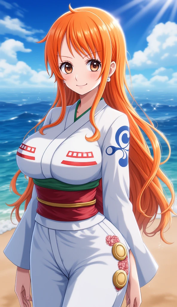 1girl, solo, star-shaped pupils in left eye, orange hair, long hair, pink eyes, kimono, blonde, bangs,happy,posing, multicolored hair, beach background