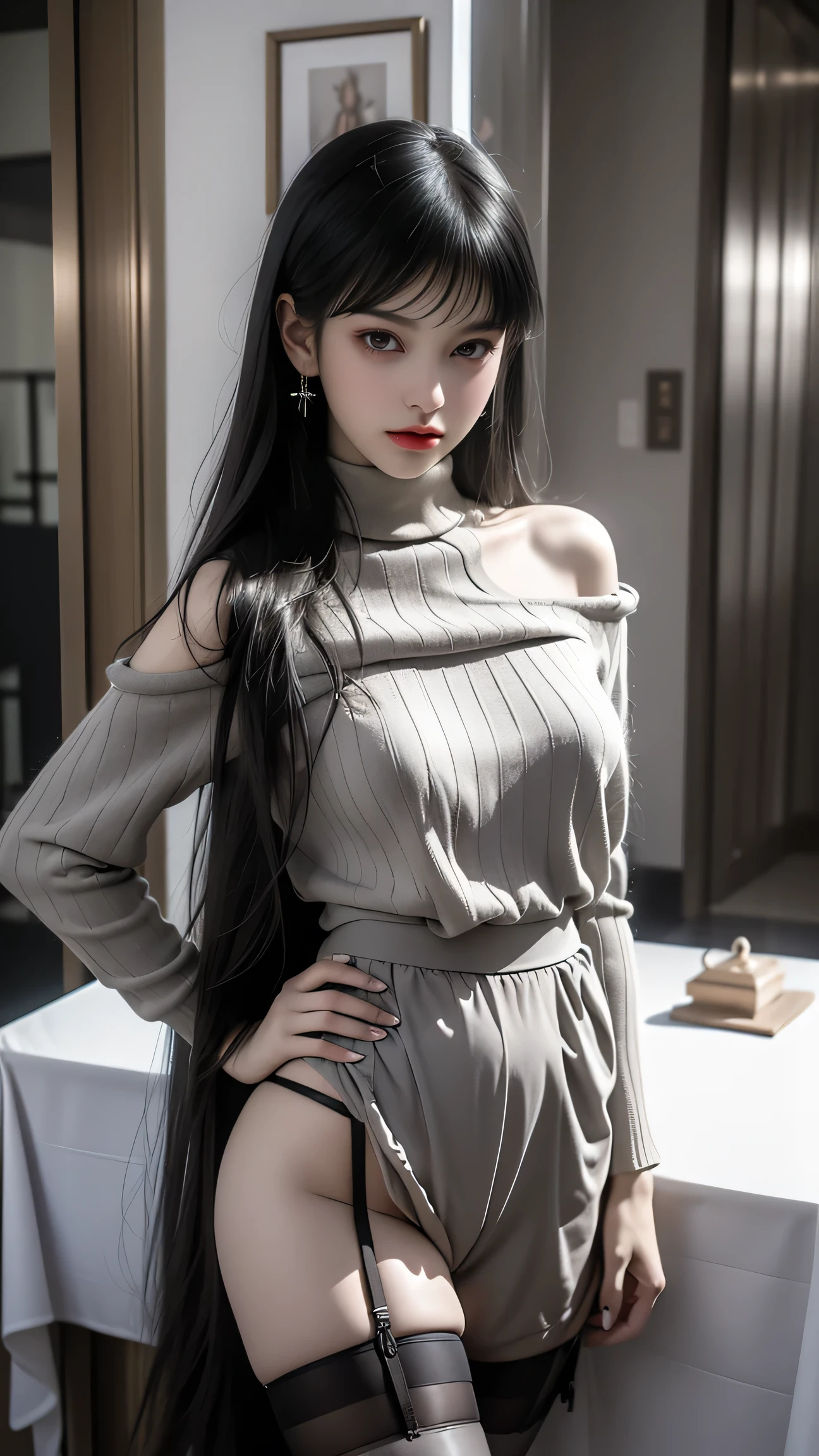 ((Straight bangs、Princess Bang)),((Very heavy、Voluminous bangs:1.1)),((very long、Very heavy、Very voluminous side locks:1.1)), Hime cut、Straight bangs hairstyle、Round face and ugly bangs、Long hair with ugly bangs、The bangs are cut straight、(masterpiece、highest quality:1. 5), (Ultra-fine 8K CG:1.4), (hyperRealistic:1.25), (PhotoRealistic:1.25), (Realistic:1.4), (View Top:1.35), (smile1.3)、 1 japanese beautiful girl, 19 years old, Supermodel, Japanese Idols, (smile)、 (Floral dress on off-shoulder white background:1.1),(( Girl sitting on a balcony bench:1.4)), ((A European castle is hazy in the background.)),nipple、(The wind blows up my skirt)、(Lift-up skirt)、(White panties are visible)