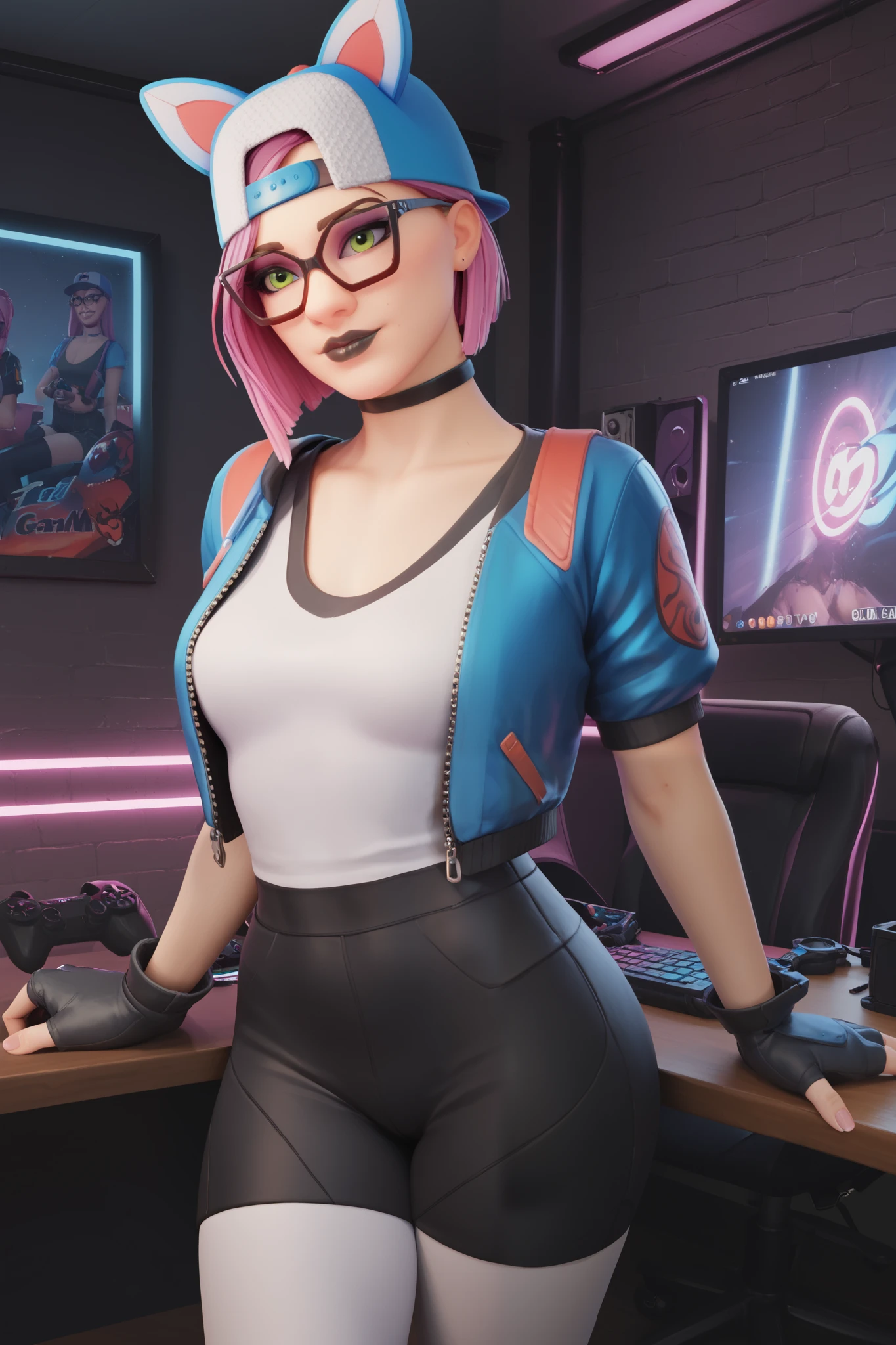 girl (Masterpiece),choker ,black lips,cap,fingerless gloves,evening (alone )loose V-neck gray T-shirt,blue jacket (black shorts with white leggings)tight lycra shorts, gaming,gamer room, with neon light ,beautiful green eyes, short pink hair, glasses
INFO