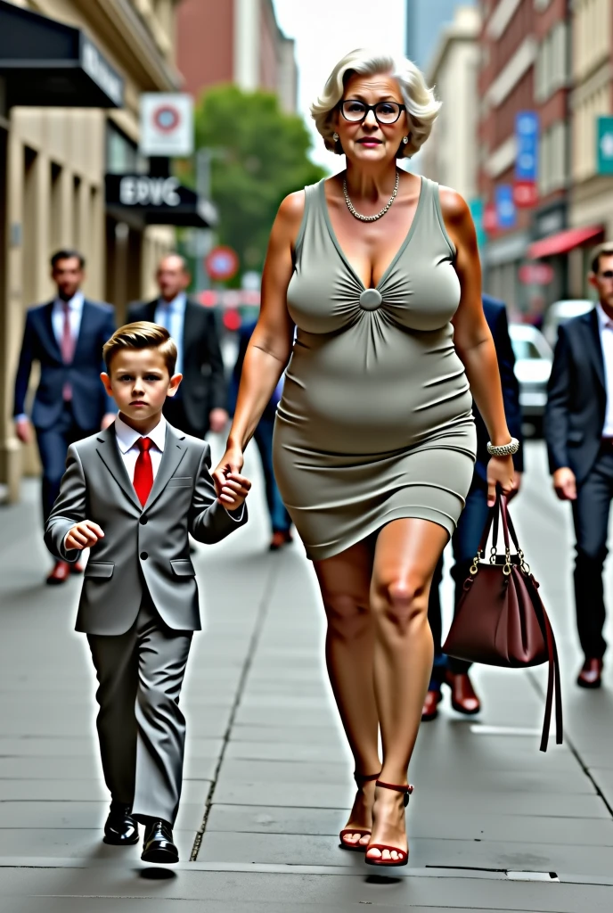 A 30 years old CEO, walking in the city with a little boy, ((little boy holding her hand)), smiling to the little boy, the CEO has a face like Julia Roberts, wearing a light grey business blouse, very long business skirt, high heels, ((huge saggy breast)), (protruding pregnant belly), (full person view, from head to toe), 