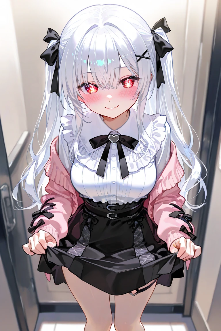 1 girl,, ,Beautiful Eyes,,in the train, Inside the train, Front view of front seat,(The audience watching:1.4) ,, (Sitting:1.3),seductive smile,Browsing Caution,nsfw,reaching out, stting, room, bed, indroors, lingerie, collarbone, bra, thong, smile, embarrassed, blush, spread legs, cowboy shot, outstretched arms,
