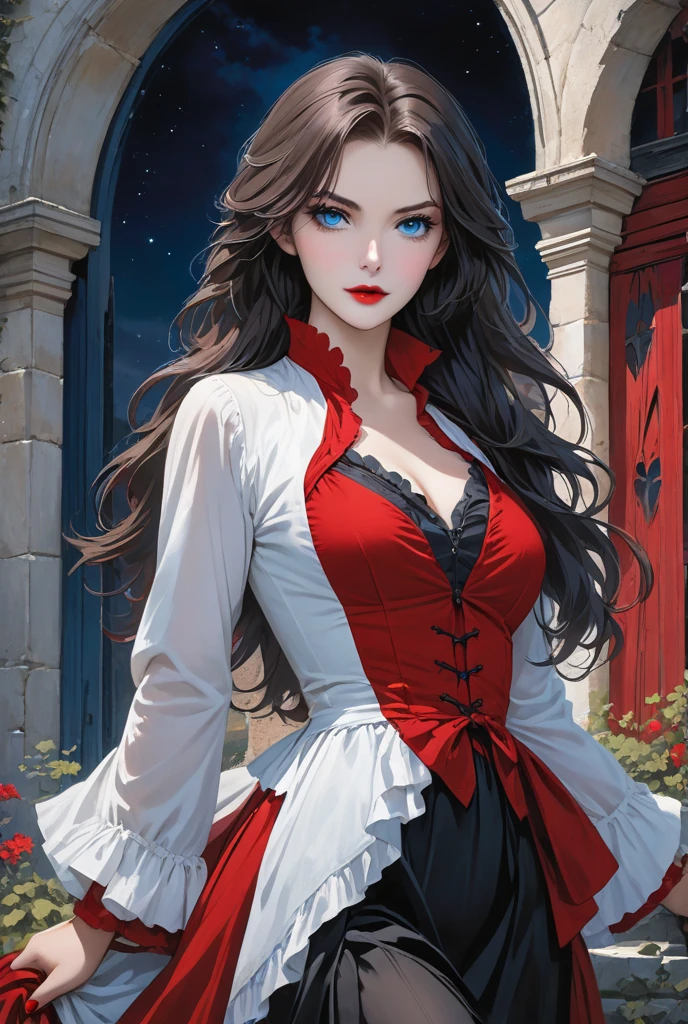 (highest quality、High resolution、masterpiece:1.2)、Super detailed、beautiful detailed eyes、beautiful detailed lips、highly detailed eyes and face、long eyelashes、noble and elegant vampire king、Bright colors、pale skin、sharp fangs、sharp gaze、fine clothes、gorgeous jewelry、dark red velvet cape、dramatic lighting、unforgettable atmosphere、a moonlit night、Dark castle in the background、ominous shadow、subtle and mysterious smile