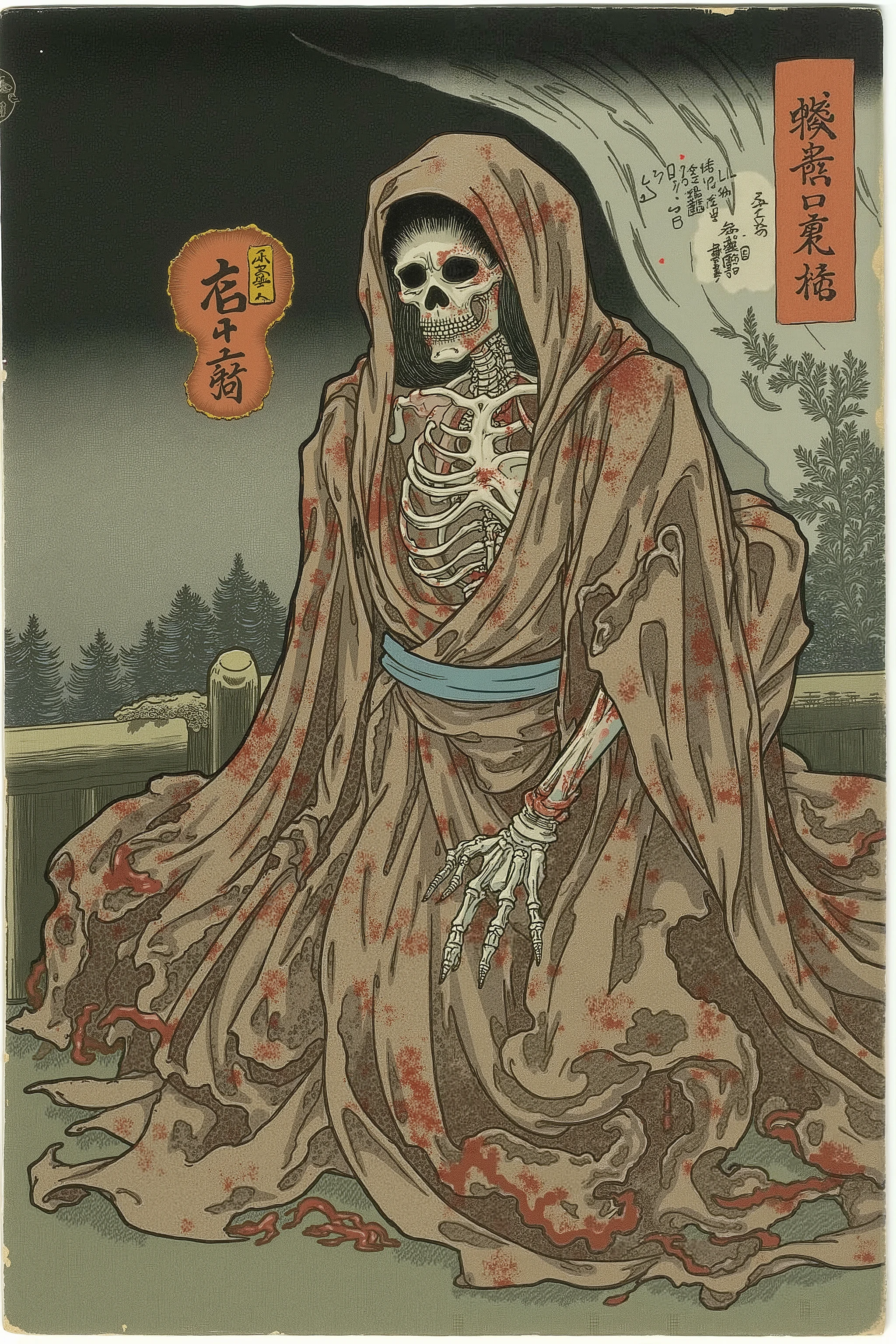 skeleton,bloody,scary ukiyo-e