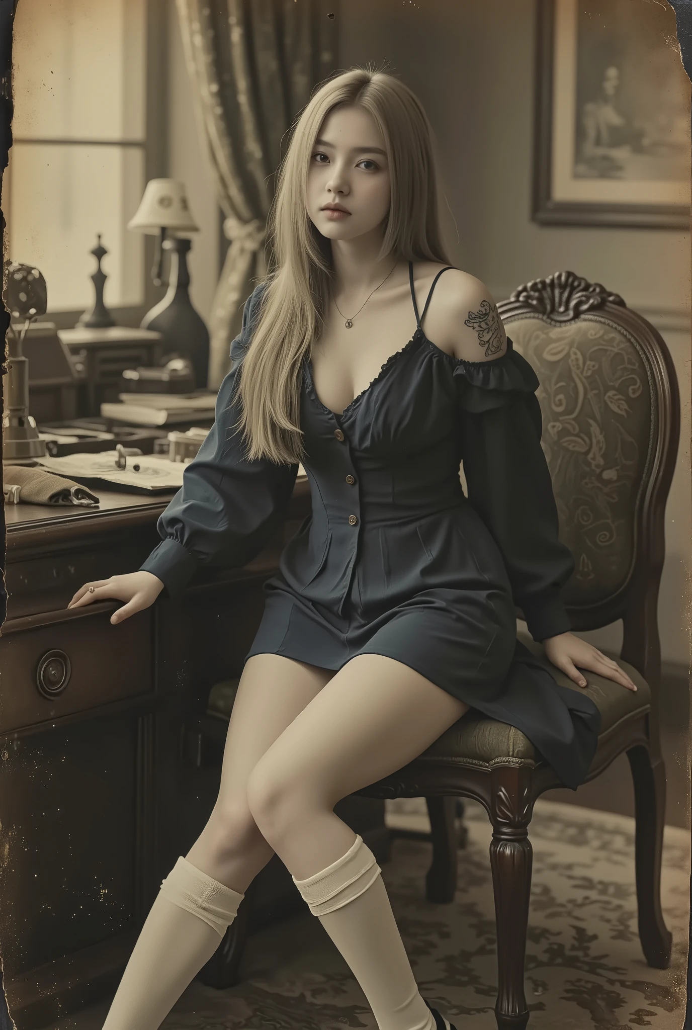 (NSFW), An aged worn sepia monochrome 1800s photograph,
(Old photo from the 19th century),
Vintage photo,
Sepia photo,
Weathered photo,
Antique photo,
A beautiful girl with long blonde hair is the president's secretary,
the president is elderly,
She is still very young but very lewd,
Her job is to provide sexual services in the company office,
she is very young,
She is as young as the company's granddaughter,
((She has a young face)),
Cute as an angel,
Her hair is straight and long blonde,
Blue eyes,
She has a slightly Asian look,
because her mother is Indian,
Small pointy breasts,
Thin waist,
She is short,
Black patent leather shoes with straps,
white silk knee-high stockings,
her simple design dark blue mini dress,
her clothes are disheveled and open,
the dress has a small white collar and cuffs,
the dress has no buttons or belt,
the hem of the dress is very short,
she is still a whore so she spreads her legs quickly,
above her pussy is a tattoo that says "slutty hole",
the company office is a study with high-end furniture and the president is fondling her breasts,