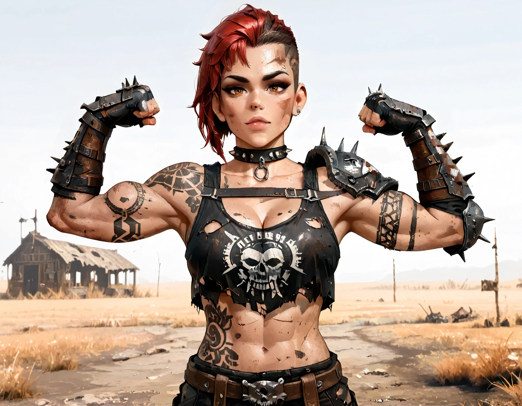 (((whole body))), master part, best quality , super detail beautiful woman, whole body, redhead Asymmetric Undercut Haircut hair, redhead punk girl, post-apocalyptic world, torn and dirty clothes, Asymmetric Undercut Haircut, sides of shaved head, Clean face with dark make-up, black tribal tattoos on body, raider outfit from fallout, raider girl, piercing, face paint, makeup, shirt, midriff, spiked choker collar, armor, collarbone, gauntlets, bare shoulders, single pauldron, (underboob:0.72), standing, cleavage, looking at viewer, flexing, from below, outdoors, wasteland, Toned raider girl, amber eyes, raider attire, raider girl from fallout, dark make-up, black tribal tattoos