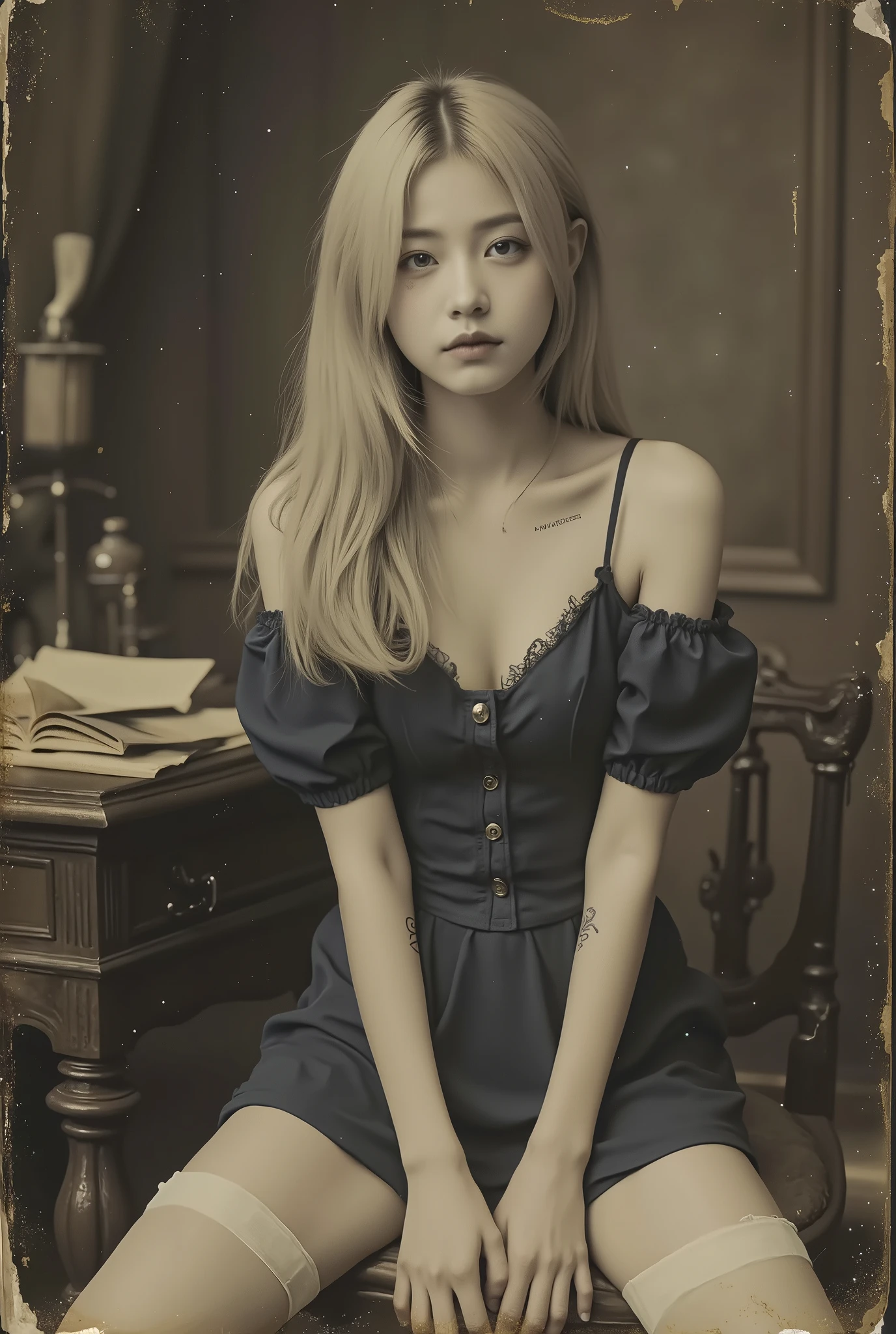 (NSFW), An aged worn sepia monochrome 1800s photograph,
(Old photo from the 19th century),
Vintage photo,
Sepia photo,
Weathered photo,
Antique photo,
A beautiful girl with long blonde hair is the president's secretary,
the president is elderly,
She is still very young but very lewd,
Her job is to provide sexual services in the company office,
she is very young,
She is as young as the company's granddaughter,
((She has a young face)),
Cute as an angel,
Her hair is straight and long blonde,
Blue eyes,
She has a slightly Asian look,
because her mother is Indian,
Small pointy breasts,
Thin waist,
She is short,
Black patent leather shoes with straps,
white silk knee-high stockings,
her simple design dark blue mini dress,
her clothes are disheveled and open,
the dress has a small white collar and cuffs,
the dress has no buttons or belt,
the hem of the dress is very short,
she is still a whore so she spreads her legs quickly,
above her pussy is a tattoo that says "slutty hole",
the company office is a study with high-end furniture and the president is fondling her breasts,