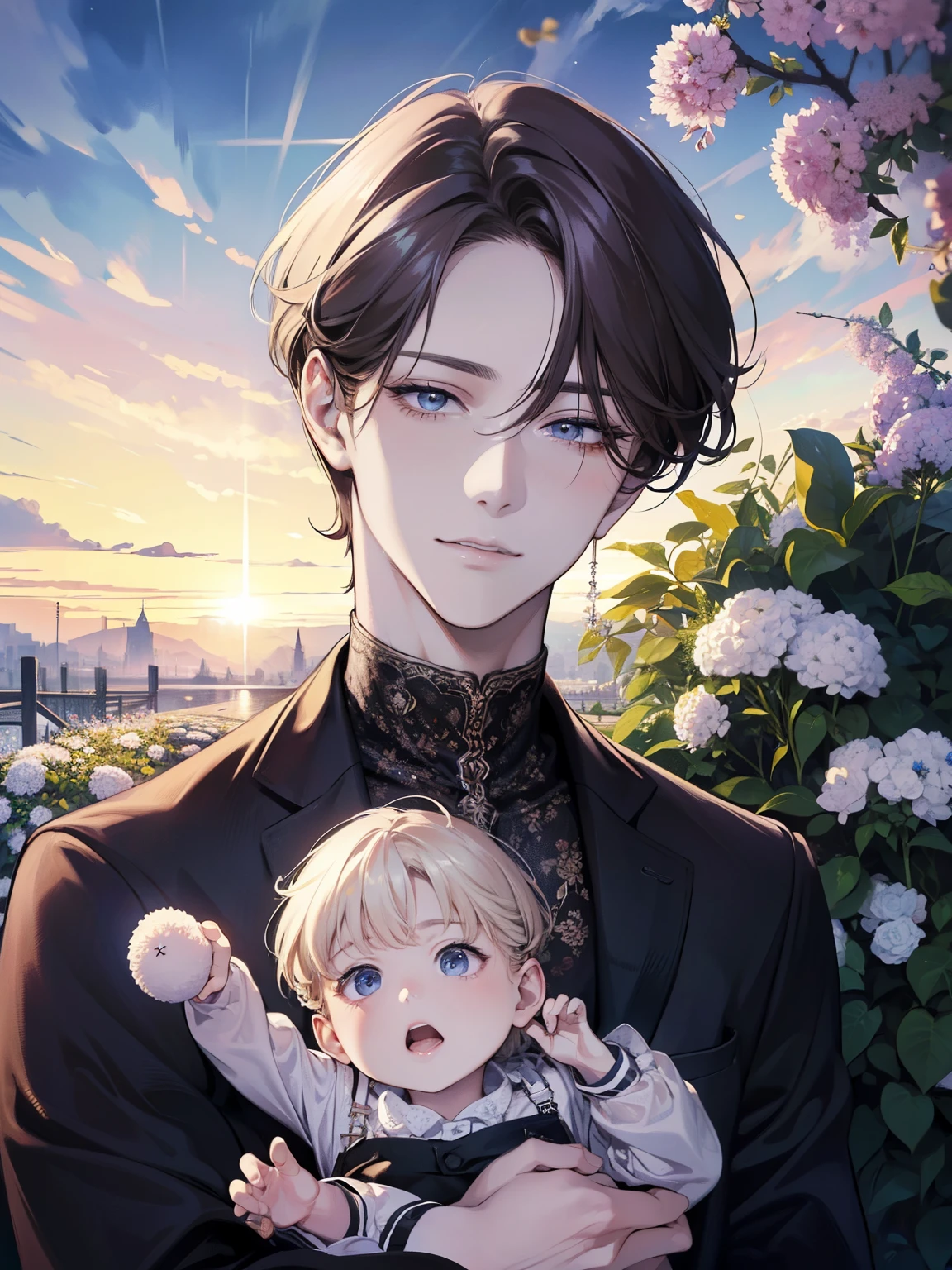 Draw a young man, black hair, blue eyes, holding a in his arms.