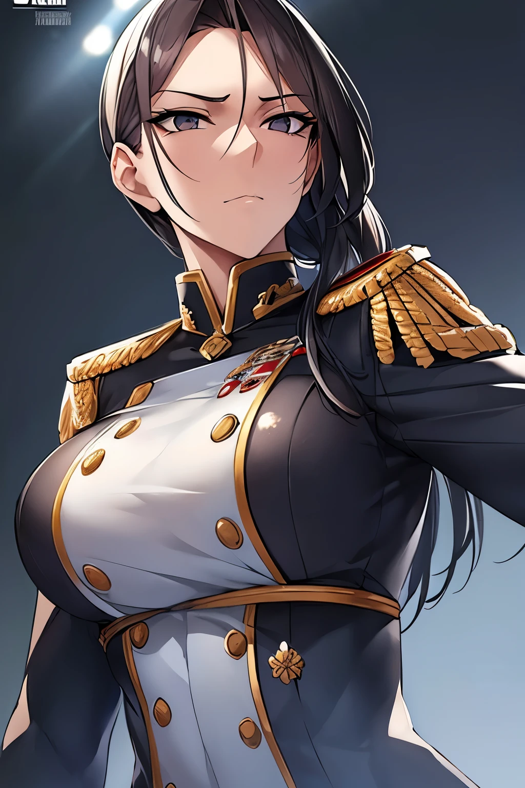 A highly detailed portrait of a tall, slender yet muscular Israeli woman with dark brown shoulder-length hair tied neatly back. She has sharp gray eyes and a cold, calculating expression that exudes authority and precision. She is wearing a deep blue ((modern)) military uniform tailored to her athletic physique, adorned with a rank insignia and the logo of a private military company on her chest. Her posture is upright and disciplined, radiating professionalism and quiet intensity. The background is simple and neutral, emphasizing her commanding presence. Ultra-realistic textures, cinematic lighting, 4K resolution, photorealistic rendering, artstation quality.