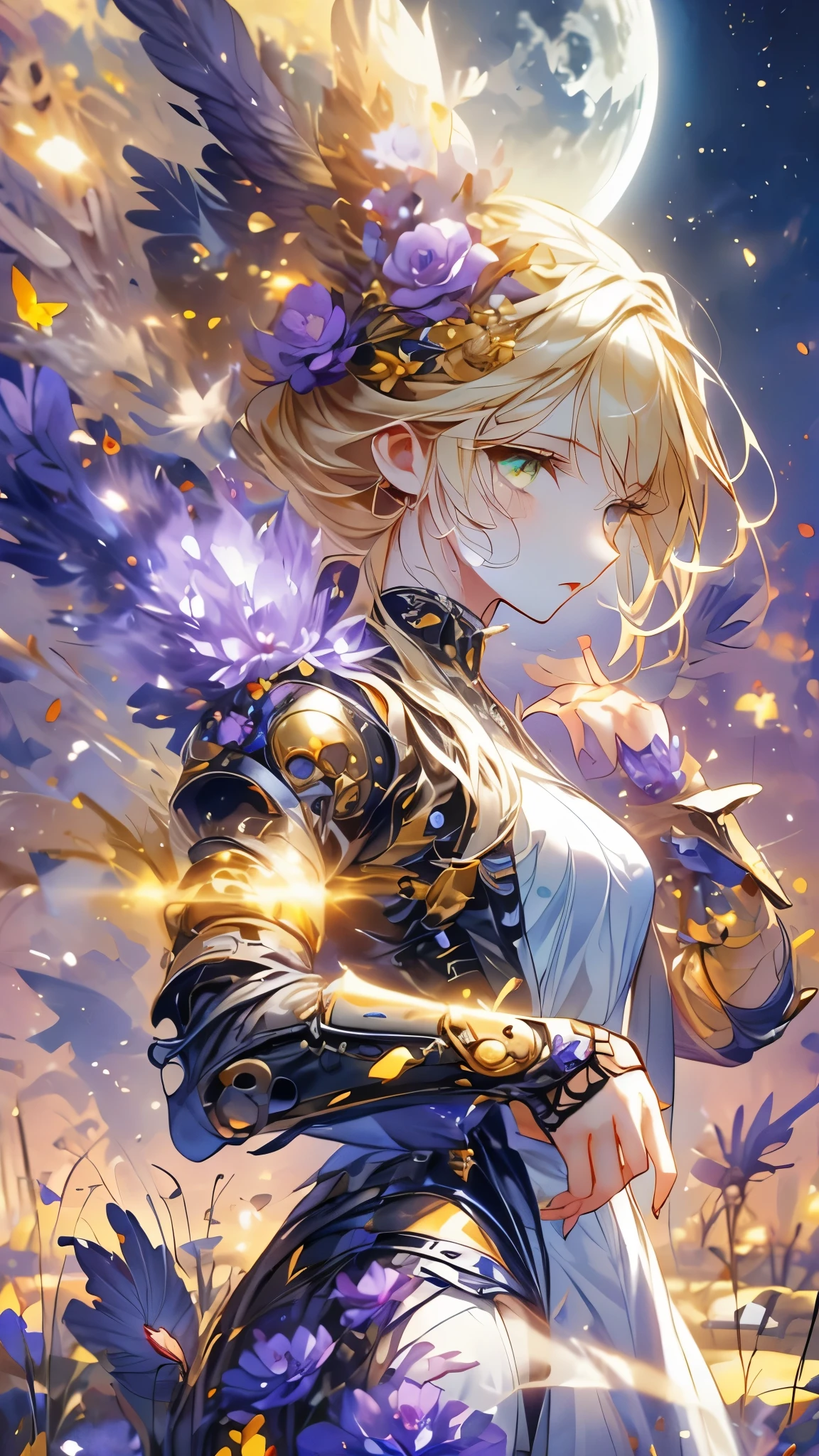 ((Highest quality)),(composition showing the whole body),(Mechanical glowing circle of angels),(Girl in Black Wears a Mechanical Angel Ring Behind Her Head),(A mechanical angel with six arms shining brightly),(A golden spear of light shining in her right hand),(a white and golden sword of light in her left hand),(Machine Angel with 6 Wings),(Fallen Angel),(鋼鉄のFallen Angel),(Ring of Angels shines purple),(Golden Cross on Her Back),(god々Shining Too Many Feathers),(Half-naked girl),(god々しく輝くHalf-naked girl), completely naked,Small chest, small tits,Shining Golden Hair,blond hair,Brilliant Fresh Green Eyes, big eyes,A seductive look, horny expression ,Expression Containing Sadness,cheeks from the side of pi,The fallen civilization shines on a moonlit night, Ruined City ,rubble,ruins,背後に双子の女godのモニュメント,全てを包み込む異形のgod々,A different space where day and night mix