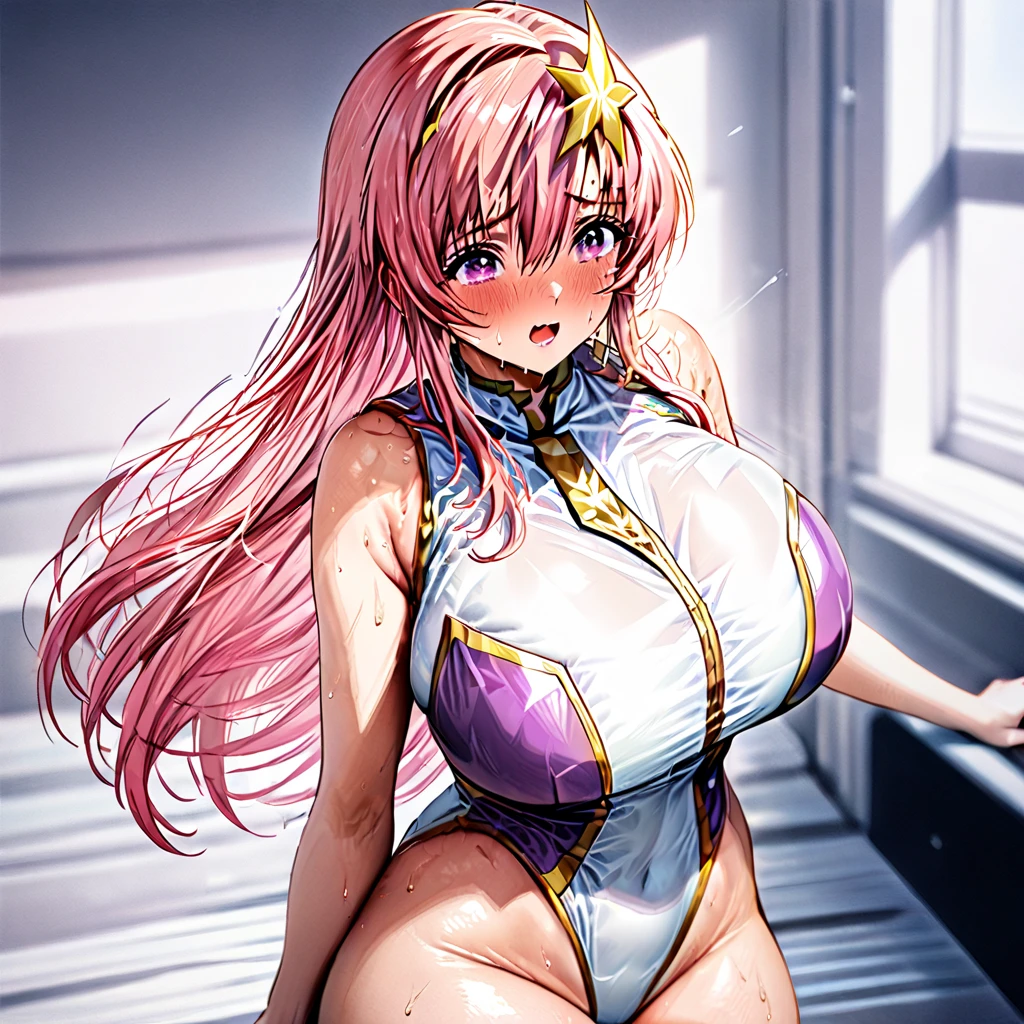 (masterpiece）、（best image quality）、（Super detailed）、（very detailed）、4k、（8K）、best image quality、（beautiful）、
more campbell, 1 girl, star hair ornaments, hair ornaments, pink hair, long hair, gloves, See-through leotard with maximum transparency Purple see-through leotard, White see-through leotard, A tight see-through leotard、super breasts、thick thighs、,light smile､stick out tongue、drool、Liquid dripping from the crotch、dynamic angle、noise removal､put your hands behind your head､Emphasize the crotch､chest strengthening､stage､perfect lighting､squat､pole dance､barefoot