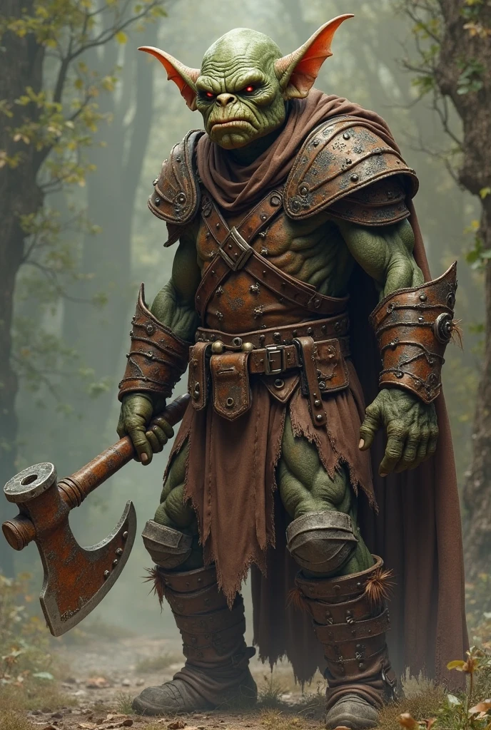 (medium full shot) of (feral orc) young,   scout, wearing Hooded cloak, leather tunic, hide pants, furred boots, wrist guards, holding wielding short bow , set in the orcish lands, in  Marshy clearing with large stones, muddy ground, signs of orc rituals, scattered bones and skulls , at night, Masterpiece,best quality, photo, realistic, very aesthetic, detailed face,