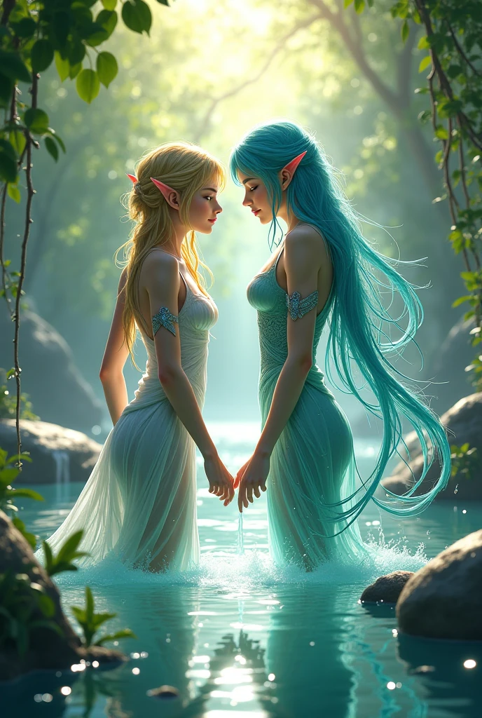 A water fairy with brown skin and tattoos of pink flowers on her body. She has flowing hair, delicate wings with a watery sheen and wears a dress that appears to be made of water. The fairy is lovingly approaching a tricolor cat, which has patches of white fur, black and orange. The scene is set in a lush, enchanted forest., by a sparkling stream, with soft light filtering through the trees.