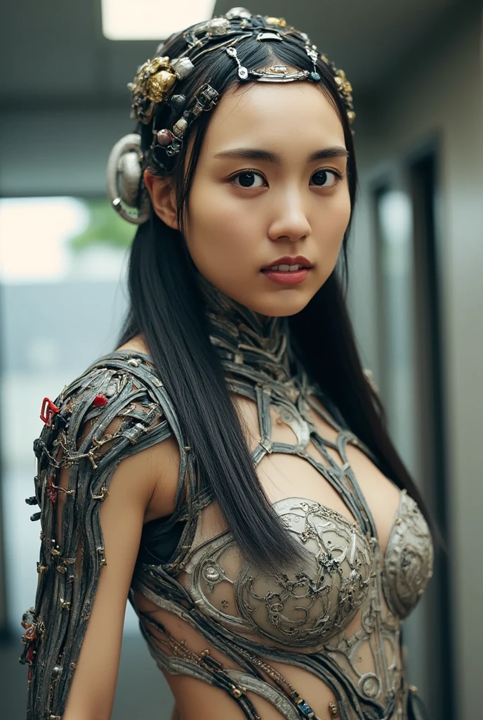 cyberpunk cyborg woman, electronic system on head humanoid, cyborg spider woman, with a visible detailed mechanical brain, with a visible detailed heart, muscles cable wires, biopunk, cybernetic, cyberpunk, huge marble-like Armard chest pads, cleavage, canon m50, 100mm, sharp focus, smooth, hyperrealism, highly detailed, intricate details, carved by Michelangelo,