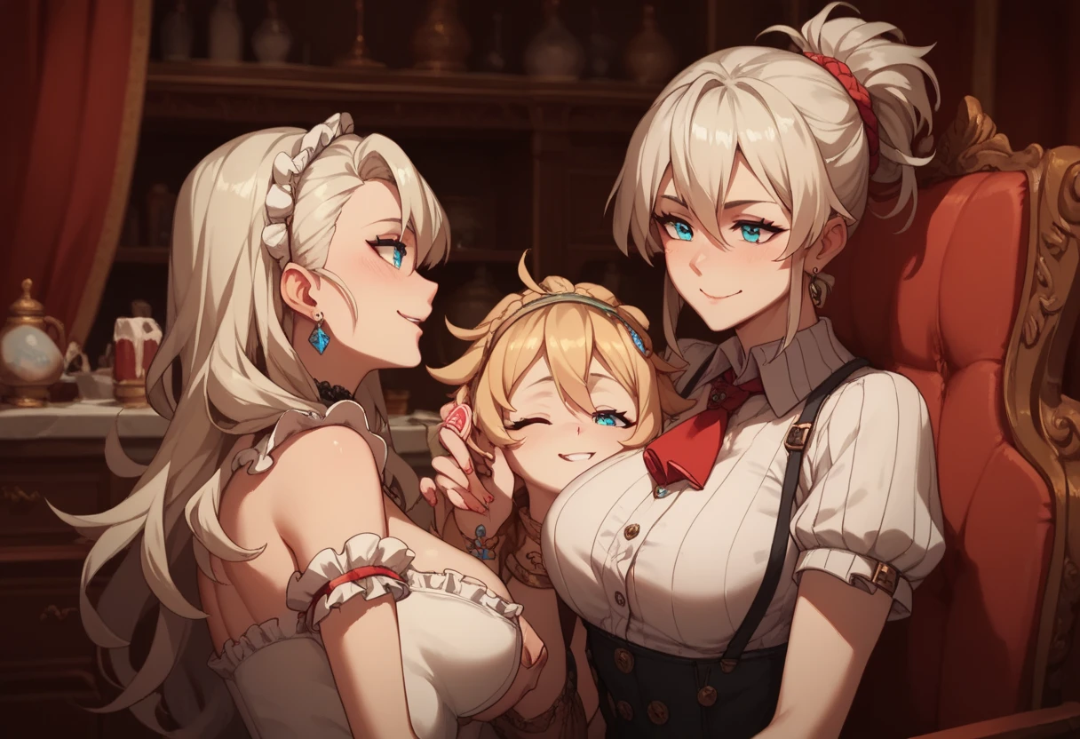 (masterpiece), Highest quality, (10 Girls, Group photo:1.4), Beautiful body, (Huge breasts),(Huge breasts)),(Saggy breasts))))), (White skin)), Blonde, Silver Hair, Twin tails, Braid, Eyes above hair, (Hunchback)), ((Grinning face))), ((Sexy Underwear)), ( Bedroom), Valley view