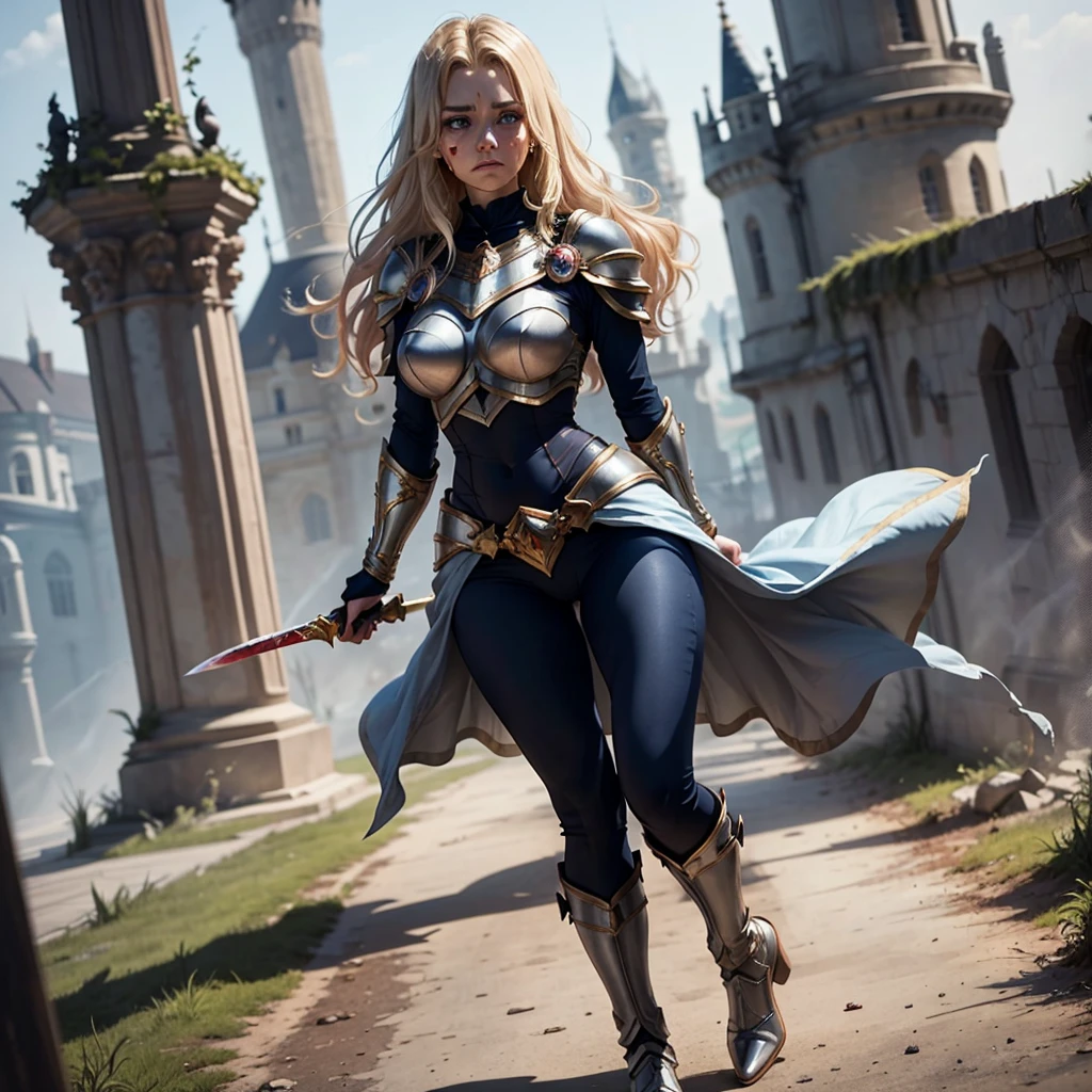 (masterpiece, top quality, best quality, official art, detailed:1.2), queen_meve, solo, blue eyes, blonde hair, gloves, sitting, boots, outdoors, sky, cloud, cape, armor, grass, rock, armored boots, 1girl