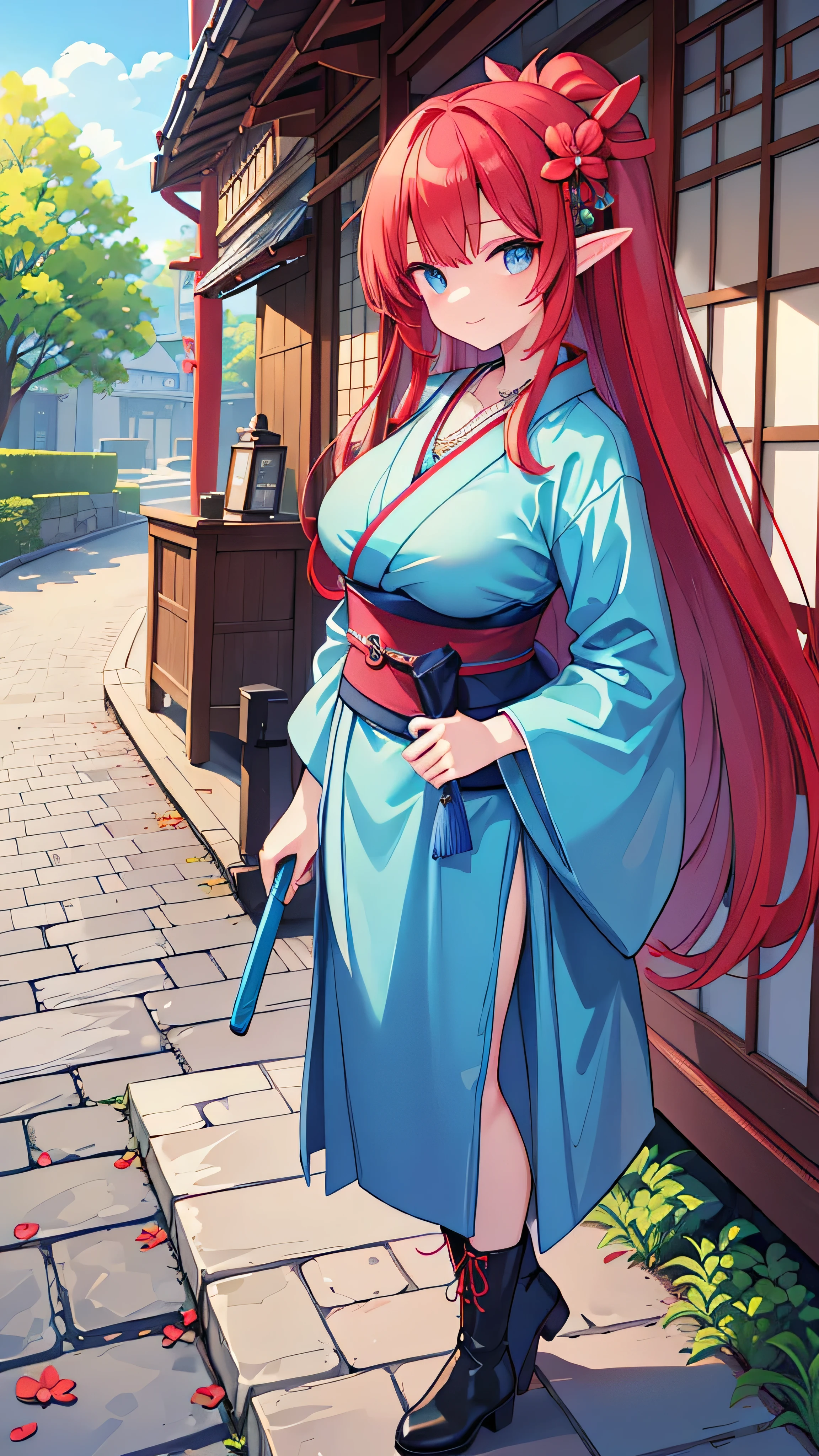 masterpiece, Highest quality,((1 elf adult woman,Long)),((((straight red hair up to the waist)))),(huge breast),((blue hanging eye,)),(((wearing a dark blue kimono with slits,black Japanese style boots,Hair ornament with flower decoration,necklace with green gemstones sitting on a large stone))),(((Main Street,standing,During a walk,side composition,))),Grinning smile,holding a Japanese-style smoke tube in hand