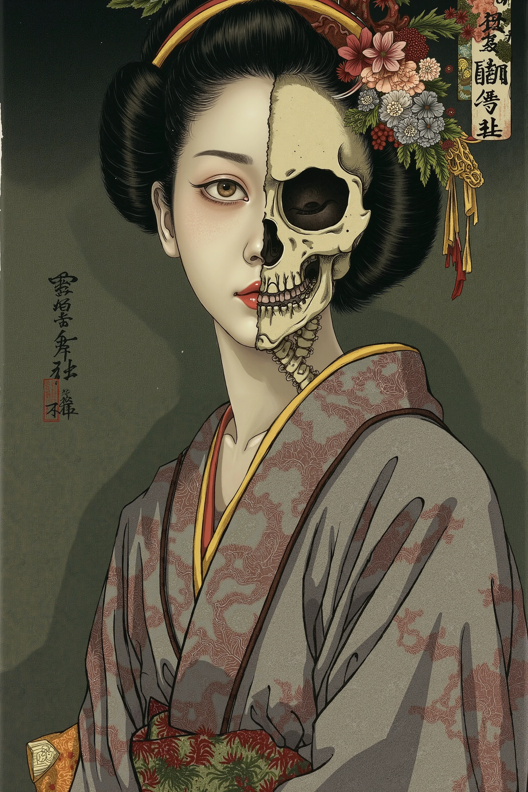 1 girl,harf beautiful face,harf skeleton,kimono,scary ukiyo-e