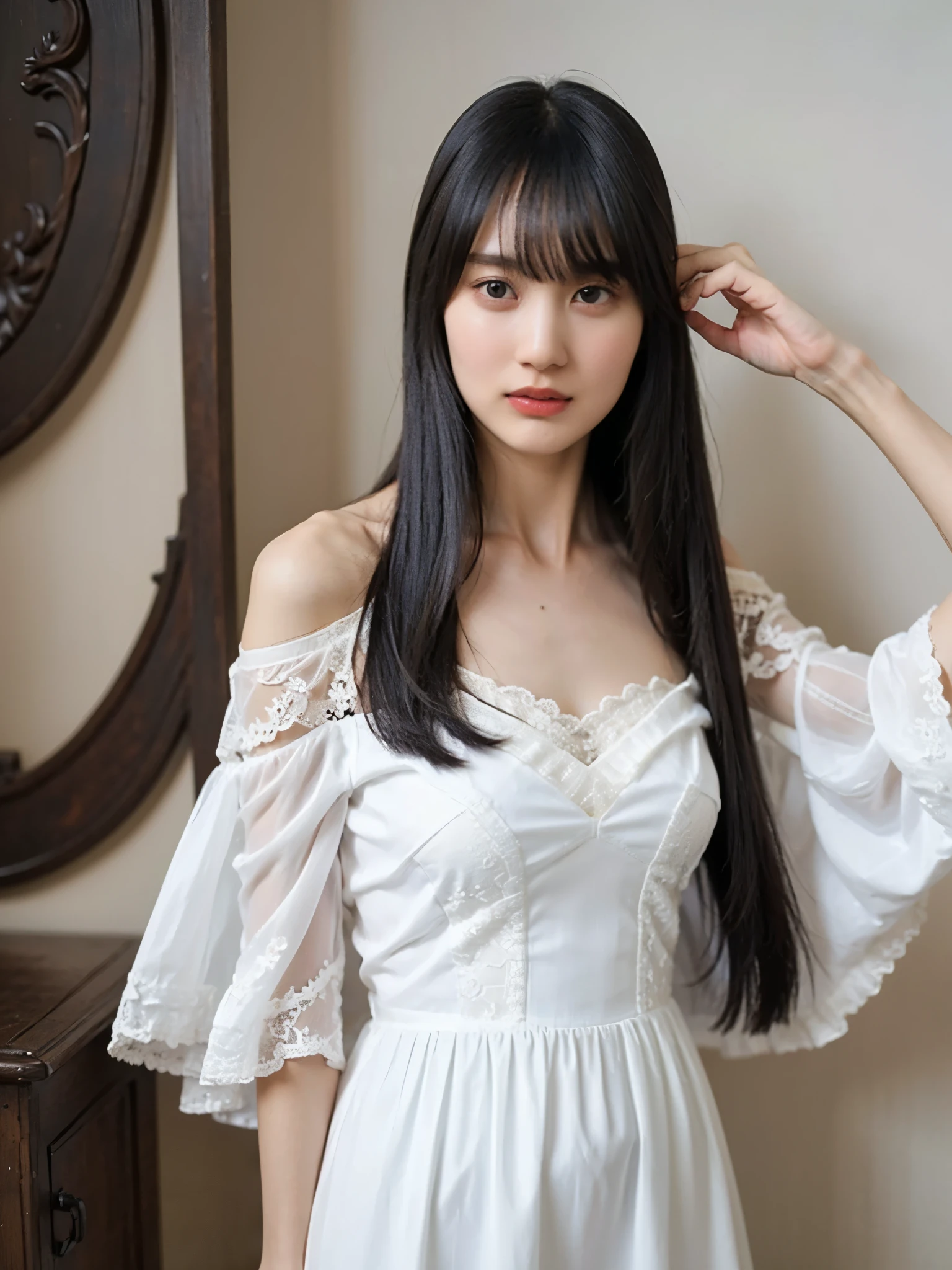 (full body:1.4)、(Beauty:1.4)、best quality, highres, Slim、 Brown Eyes、Tall Length、( black hair:1.5)、( clear:1.3)、(long hair:1.3),(straight hair:1.3)、( black hair:1.5)、(smooth straight hair:1.4), (silky and graceful hair texture:1.3)、( clear:1.3)、(long hair:1.3),(straight hair:1.3)、(with bangs:1.3)、(7-head ratio:1.3)、(white lace off-the-shoulder dress:1.3)、(boobs:1.2)