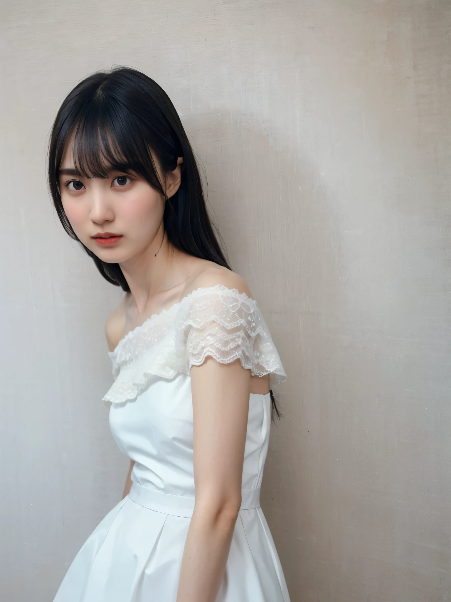 (full body:1.4)、(Beauty:1.4)、best quality, highres, Slim、 Brown Eyes、Tall Length、( black hair:1.5)、( clear:1.3)、(long hair:1.3),(straight hair:1.3)、( black hair:1.5)、(smooth straight hair:1.4), (silky and graceful hair texture:1.3)、( clear:1.3)、(long hair:1.3),(straight hair:1.3)、(with bangs:1.3)、(7-head ratio:1.3)、(white lace off-the-shoulder dress:1.3)、(boobs:1.2)