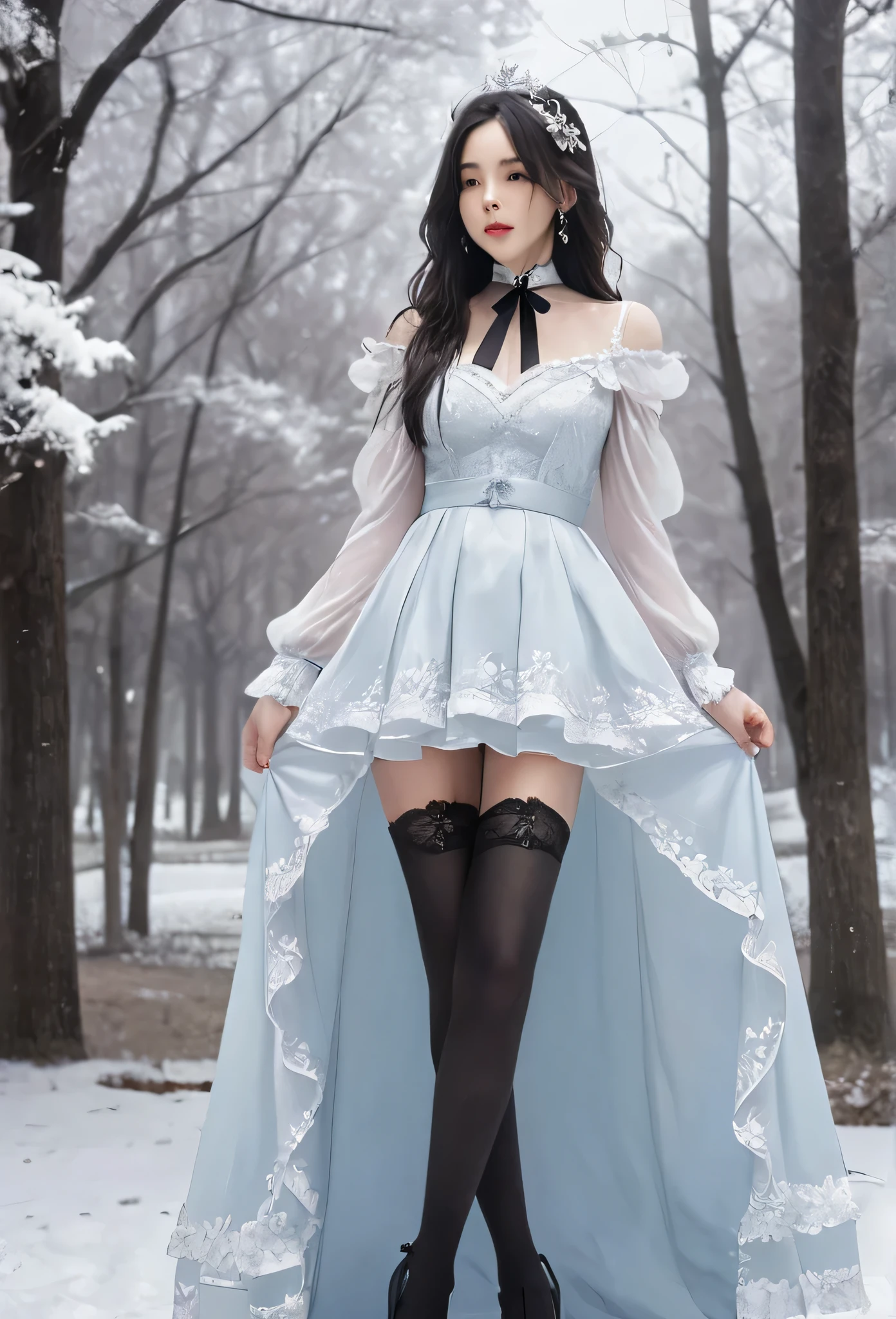 1girl, solo, long hair, long sleeves, bow, standing, full body, white hair, frills, shoes, choker, puffy sleeves, black footwear, white dress, white thighhighs, sleeves past wrists, gradient background, black ribbon, crown, sleeves past fingers, snowflakes