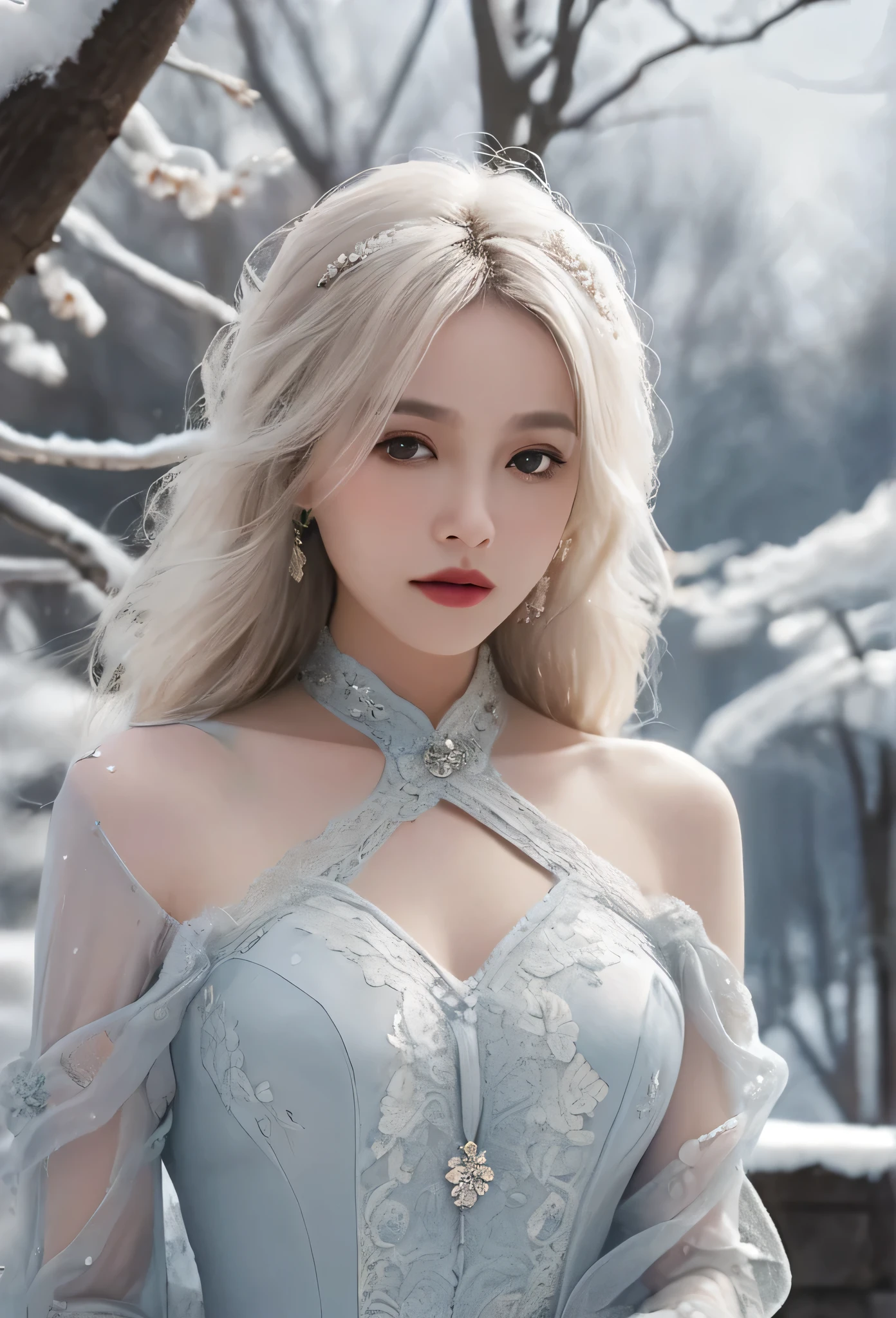 （8K， RAW photos， best qualtiy， tmasterpiece：1.2），（realisticlying， photograph realistic：1.4)，largeeyes，
Lolita costume，Lace， Squat，(Cloak，do lado de fora，Cover with snow，snowfield)， high high quality， highdetailskin， looking at viewert，the rule of thirds