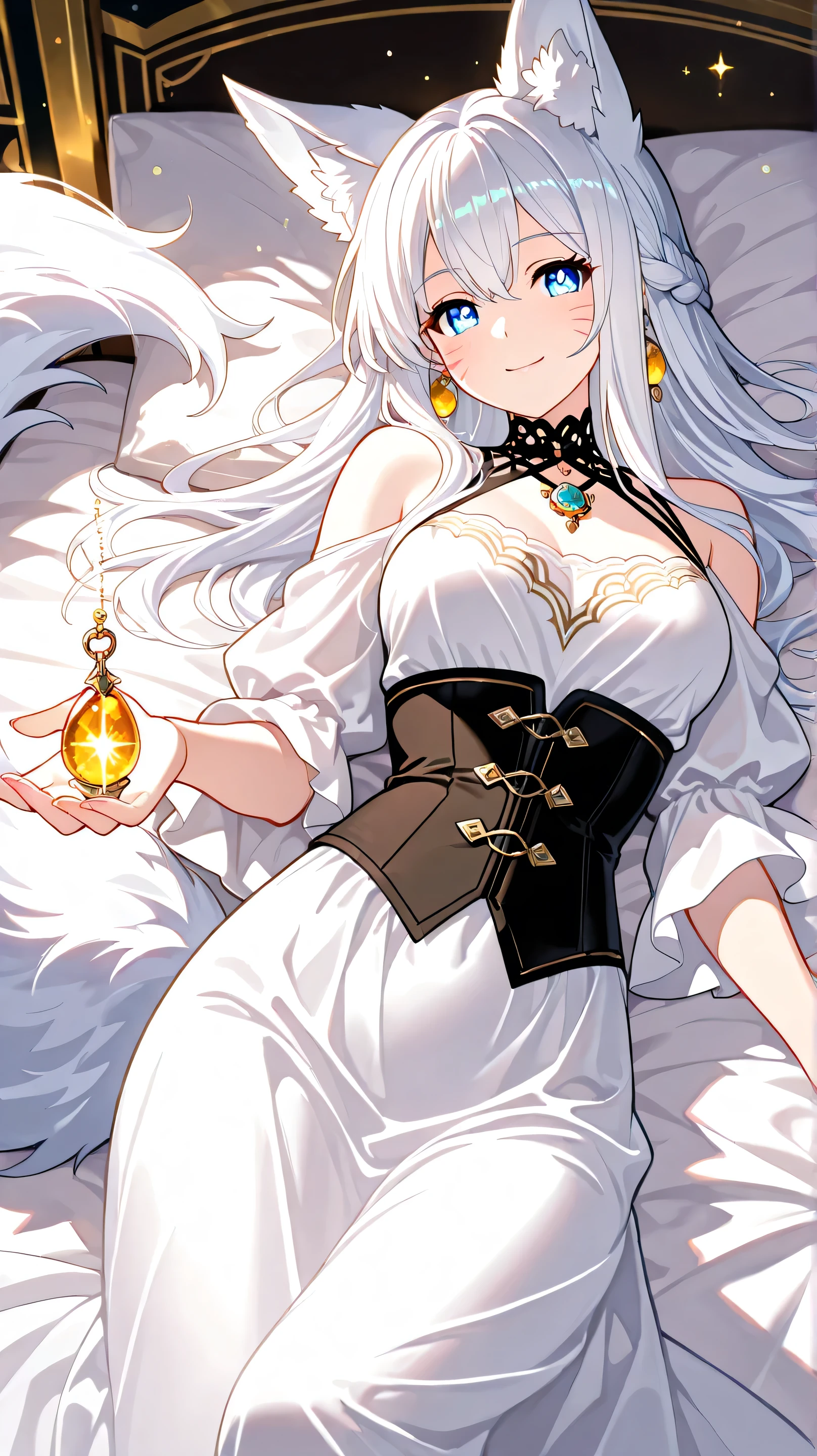 Masterpiece, Best Quality, Top Quality, Very Detailed, A mystical and enchanting fox-spirit woman with long, flowing white hair and large fox ears, lying on a bed of soft, fluffy tails. Her delicate face has subtle whisker-like markings, and her captivating eyes radiate charm and mystery. She wears an elegant, dark corset-style outfit adorned with gold accents and a gemstone pendant. The atmosphere is ethereal, with a dreamy, soft-focus glow surrounding her, giving an otherworldly, magical aesthetic. The background is blurred, emphasizing her serene yet alluring presence, with faint sparkles of light adding to the fantasy ambiance.