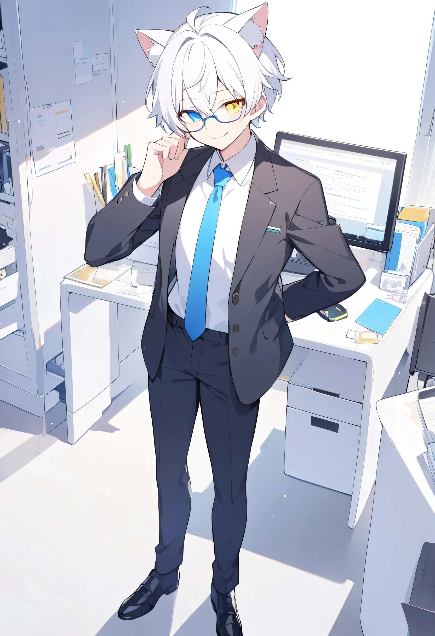 White hair , short hair, White Top,boy,tall body,Heterochromia(Left blue right yellow),Cat ears,black pants, black shoes , stands,In the office,Smile, is wearing glasses, blue tie,alone, BLACK JACKET